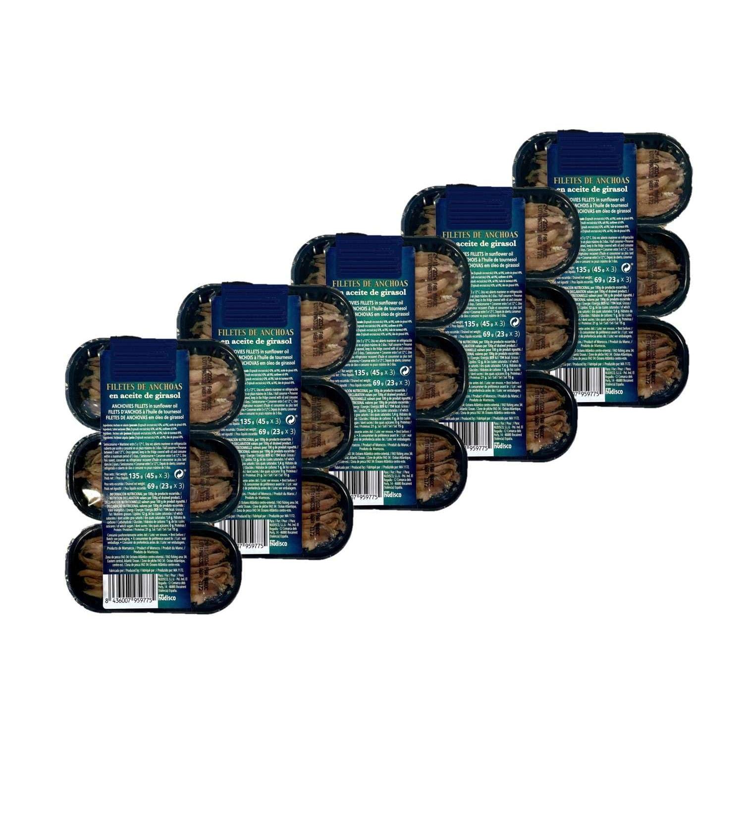 Lot 5x Anchovy fillet in sunflower oil - pack 3x45g - Case 135g