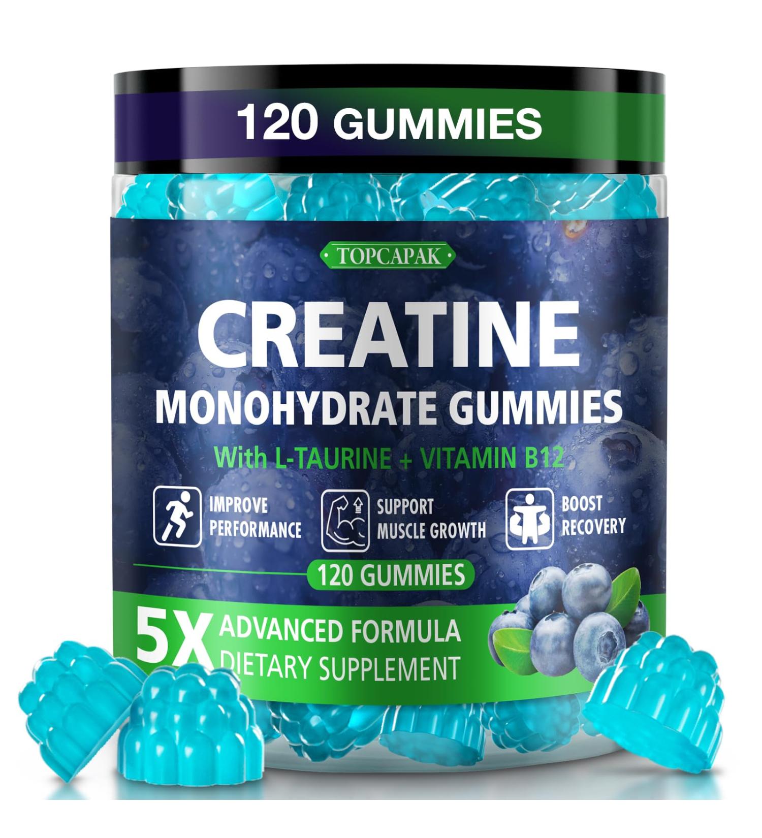 Creatine Monohydrate Gummies for Men & Women - Blueberry Flavor Raspberry-Shaped - Chewable Creatine Gummy with Taurine & Vitamin B12 5g Creatine per Serving 120 Gummies Blueberry 120 Count (Pack of 1) - Buy Online on GoSupps.com