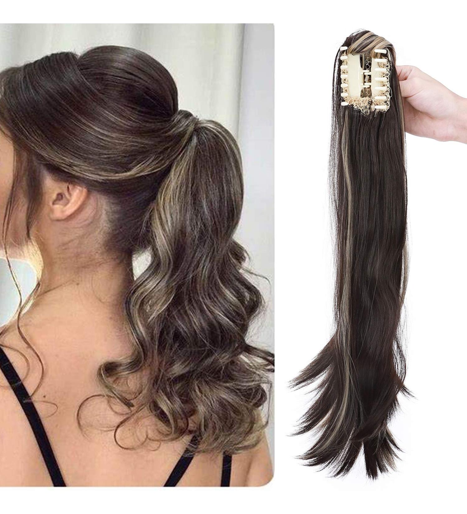 Ponytail Extension & Braid Clip-In | Heat-Resistant Micro-Wavy Hair - 22 (55cm) Dark Brown & Ash Blonde - Buy Online on GoSupps.com