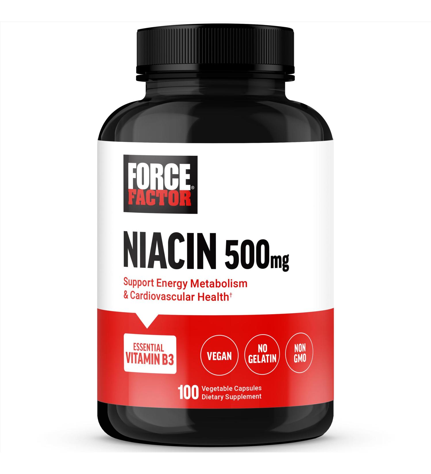 Force Factor Niacin Vitamin B3 to Support Cellular Energy and Cardiovascular Health Niacin 500mg Heart-Health Supplement Vegan No Gelatin Non-GMO 100 Vegetable Capsules - Buy Online on GoSupps.com