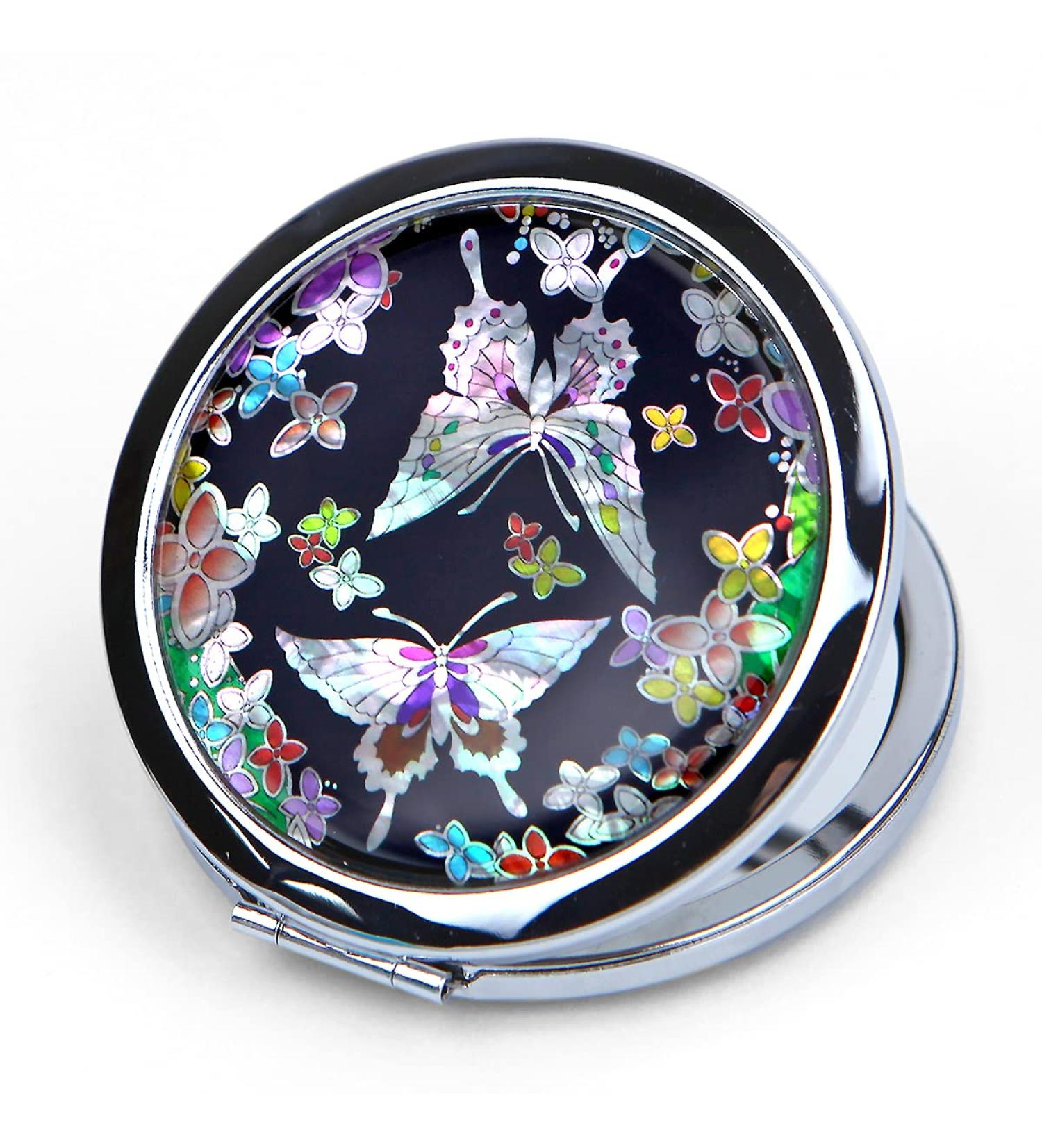Mother of Pearl Compact Mirror with Magnification | Dual-Sided Travel Makeup Mirror with Floral Design | Traditional Korean Painting | Portable Handheld Mirror - Buy Online on GoSupps.com