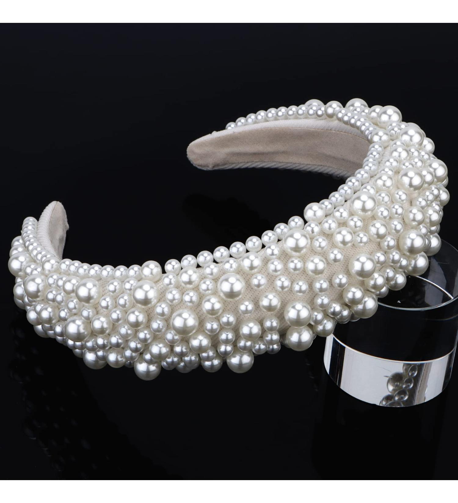 Hapdoo White Pearl Headband for Women - Puffy Padded Hairband with Faux Pearl - Wedding, Bride, Fashion Accessory - Wide Beaded Bling Hair Hoop for Birthday - Buy Online on GoSupps.com