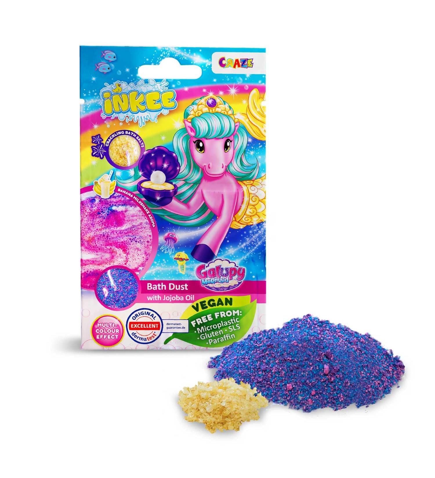 Inkee Galupy Mermaid Swimming Dust | Colorful Bathing Additive for Kids | 60g Crackling Salt with Jojoba Oil & Banana Milkshake Aroma - Buy Online on GoSupps.com