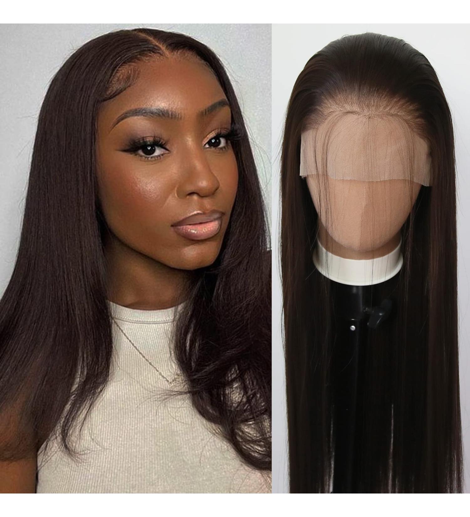 Dark Brown Synthetic Lace Front Wig | Long Straight Chocolate Brown Hair | Pre Plucked with Baby Hair | Heat Resistant Fiber | Cosplay & Daily Wear Wig - Buy Online on GoSupps.com