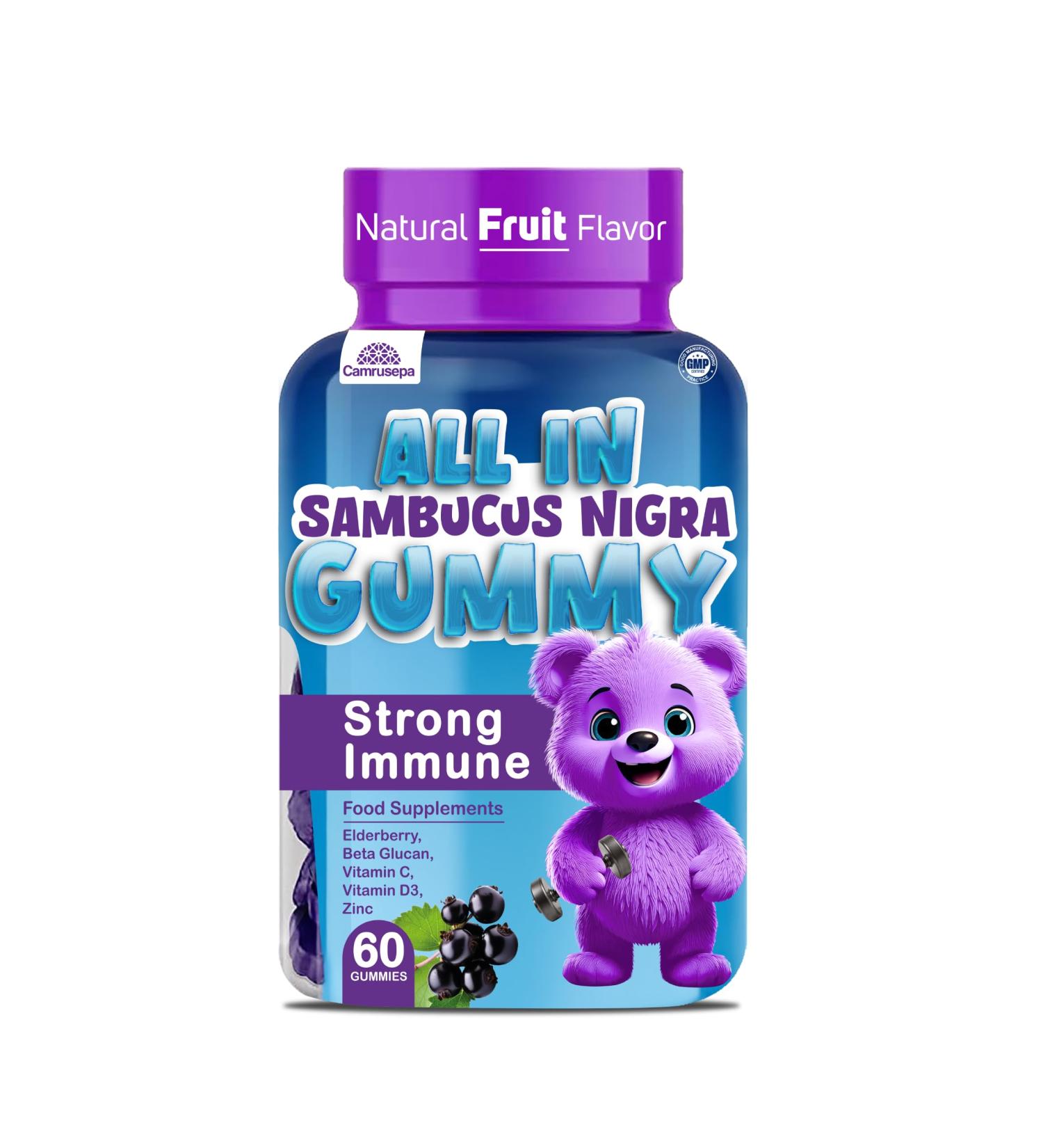 Camrusepa All in Sambucus Nigra Gummy for Kids - Natural Fruit Flavor Elderberry Vitamin C Beta Glucan Zinc & Vitamin D3 Strong Immune System Support Energy & Wellness - 60 Chewable Gummies - Buy Online on GoSupps.com