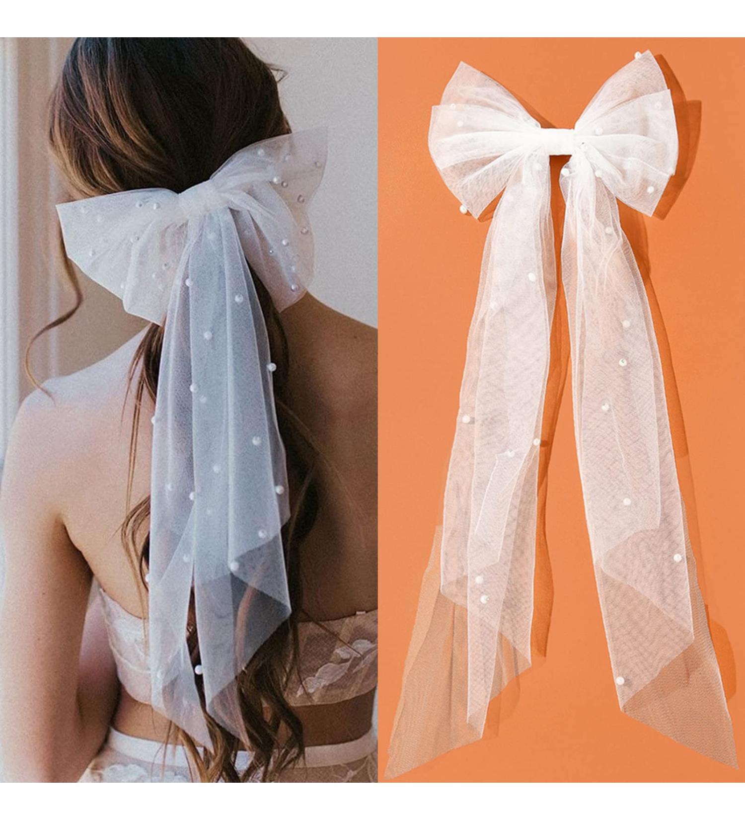Wedding Bridal Bow Veil Hair Clip Large Bowknot Lace Hair Barrettes with Pearl French Vintage White Veil Hair Grips Bridesmaid Hair Accessories for Party Gift Girls Women - Buy Online on GoSupps.com