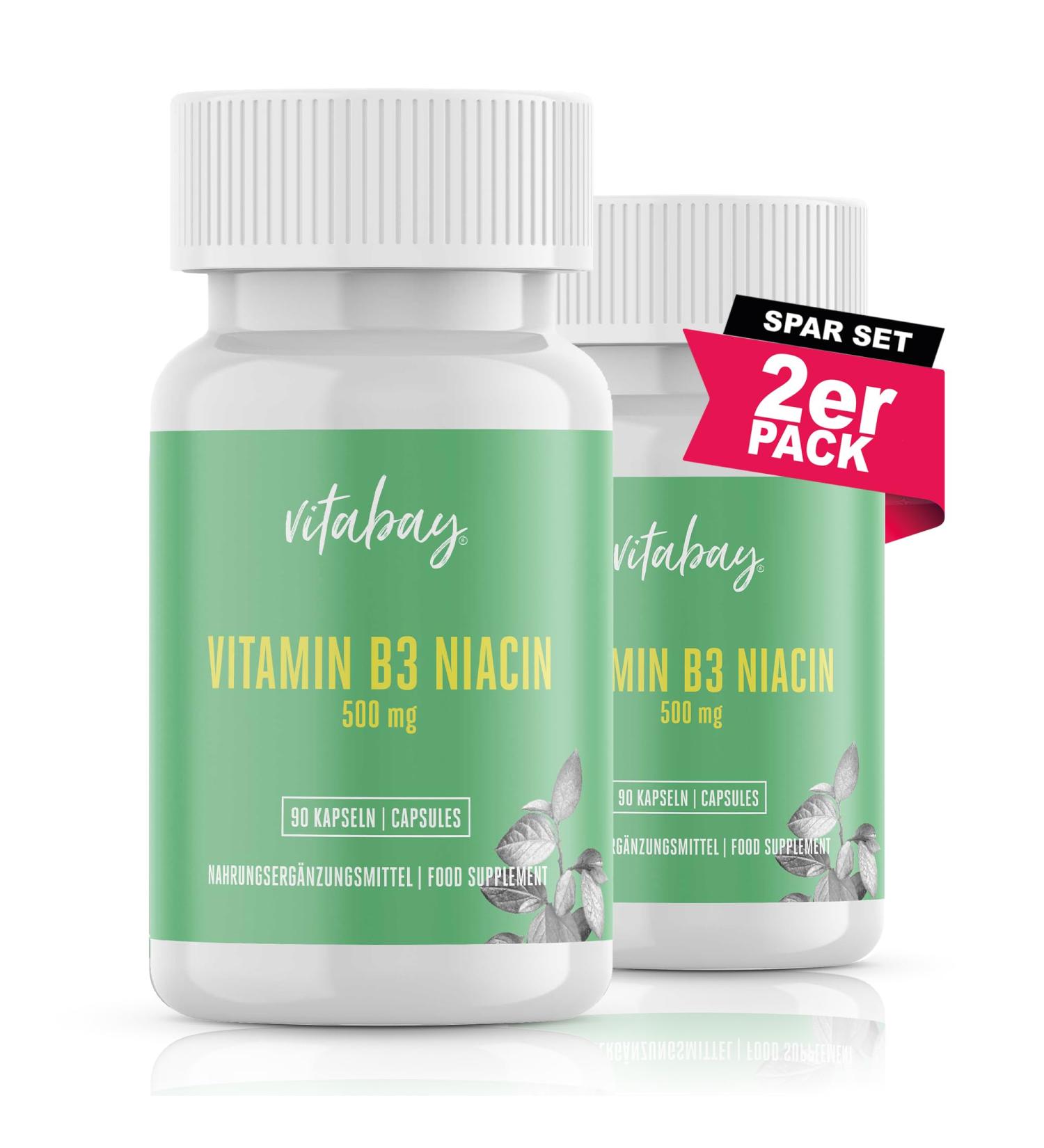 Vitabay Vitamin B3 Niacin 500mg - 180 Vegan Capsules (2 Pack) | High Dose Flush Free Lab Tested Premium Quality - Buy Online on GoSupps.com