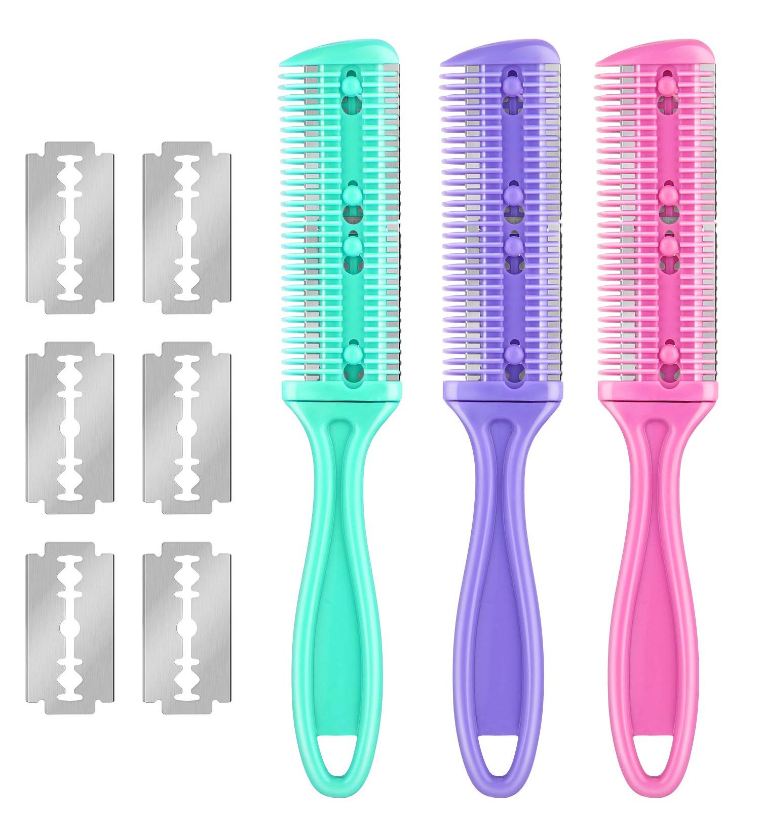 3 Pieces Razor Comb with 10 Razors - Hair Cutter Scissors and Thinning Comb Set - Double Edge Razor - Slim Haircuts Cutting Tool in Green, Purple, Pink - Buy Online on GoSupps.com