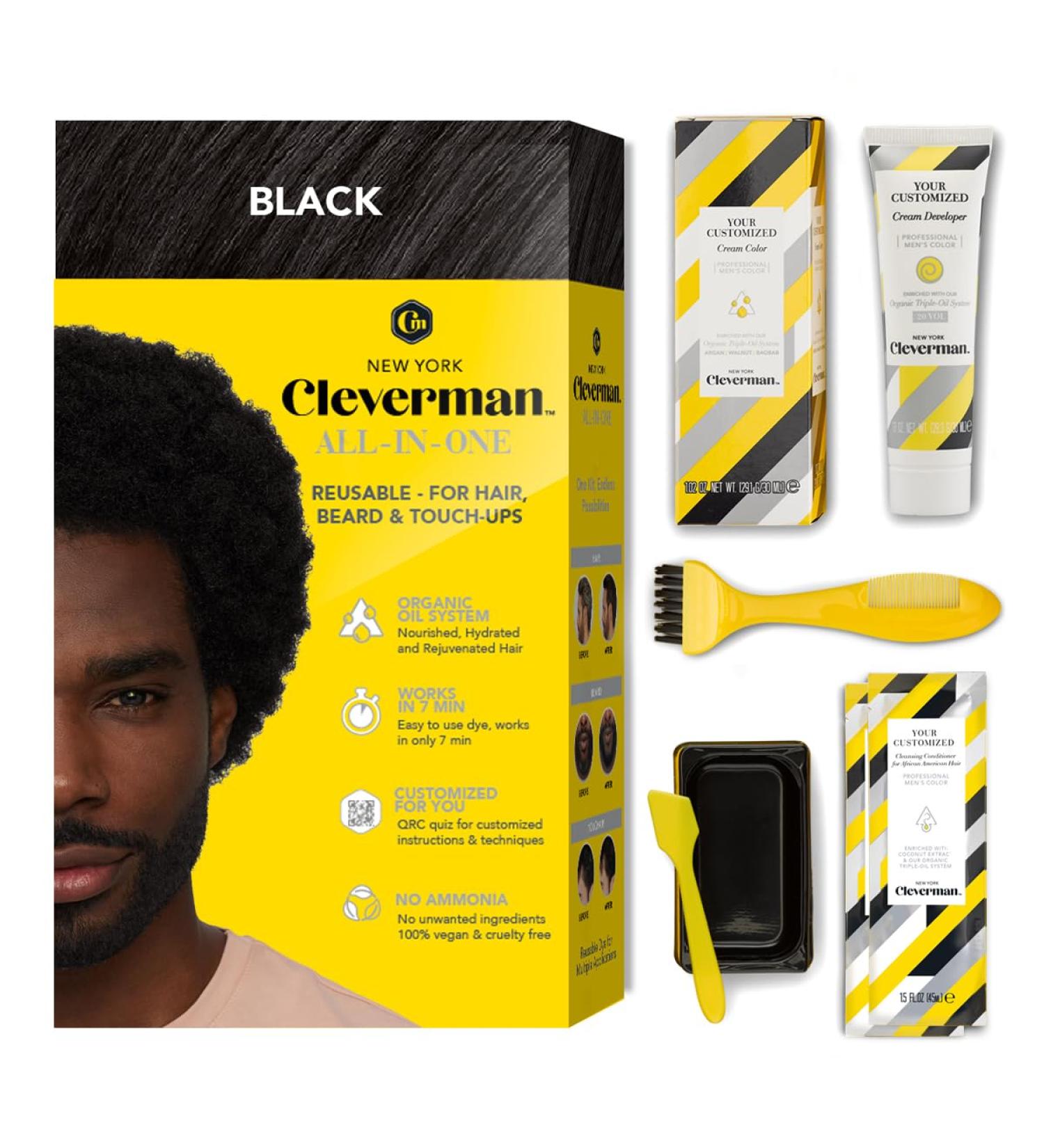 Cleverman Hair & Beard Dye Kit for Men - Ammonia-Free All-in-One Gray Coverage Reusable Black Hair Color for Men - Buy Online on GoSupps.com