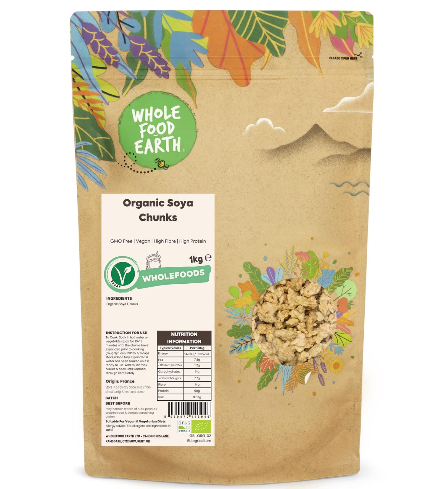 Wholefood Earth Organic SOYA Chunks 1kg GMO Free | Vegan | High Fibre | High Protein | Certified Organic - Buy Online on GoSupps.com
