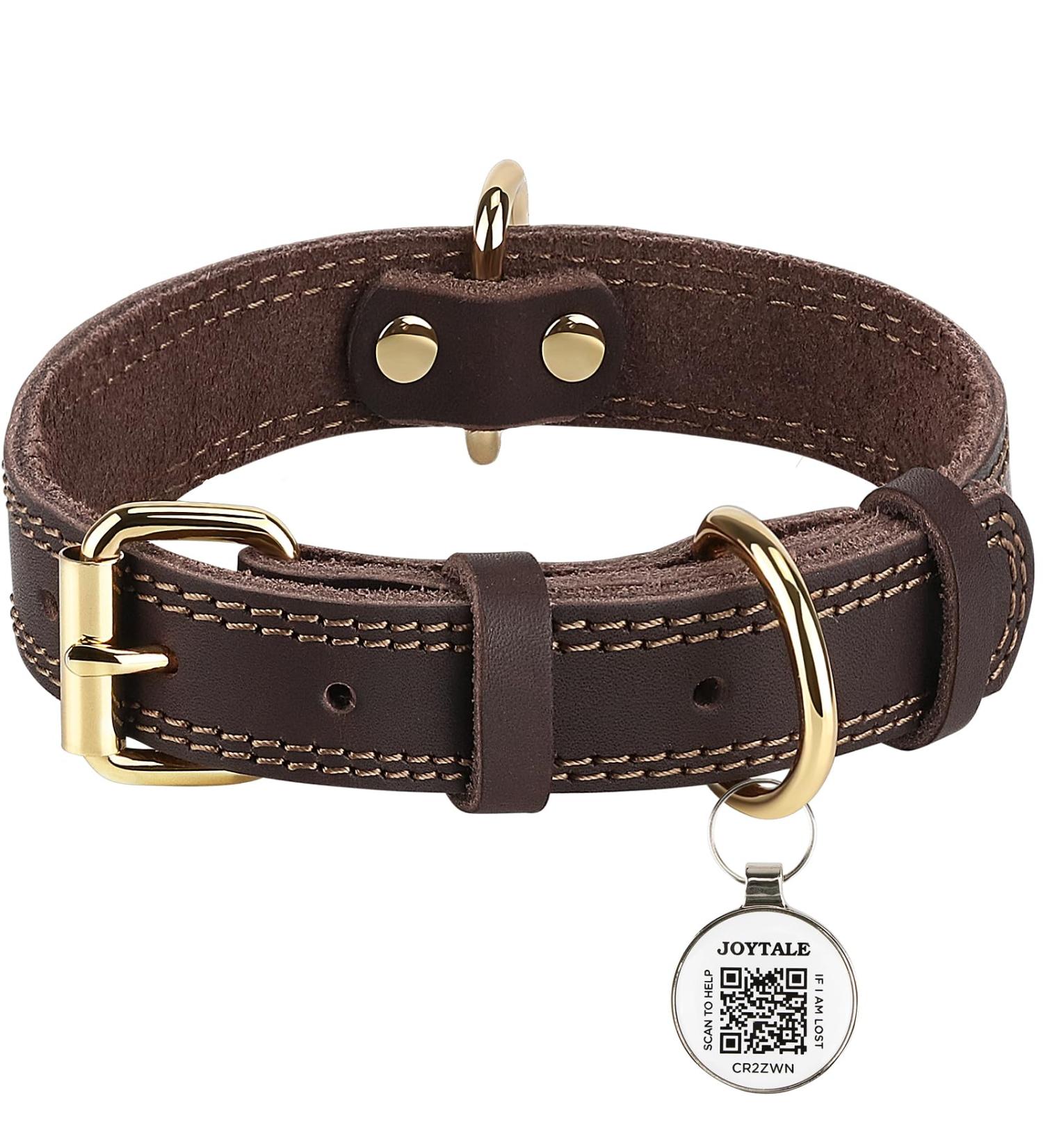 Joytale Leather Dog Collar with QR ID - Soft Durable Adjustable for Medium Dogs (30-39cm) - Stylish Brown - Buy Online on GoSupps.com