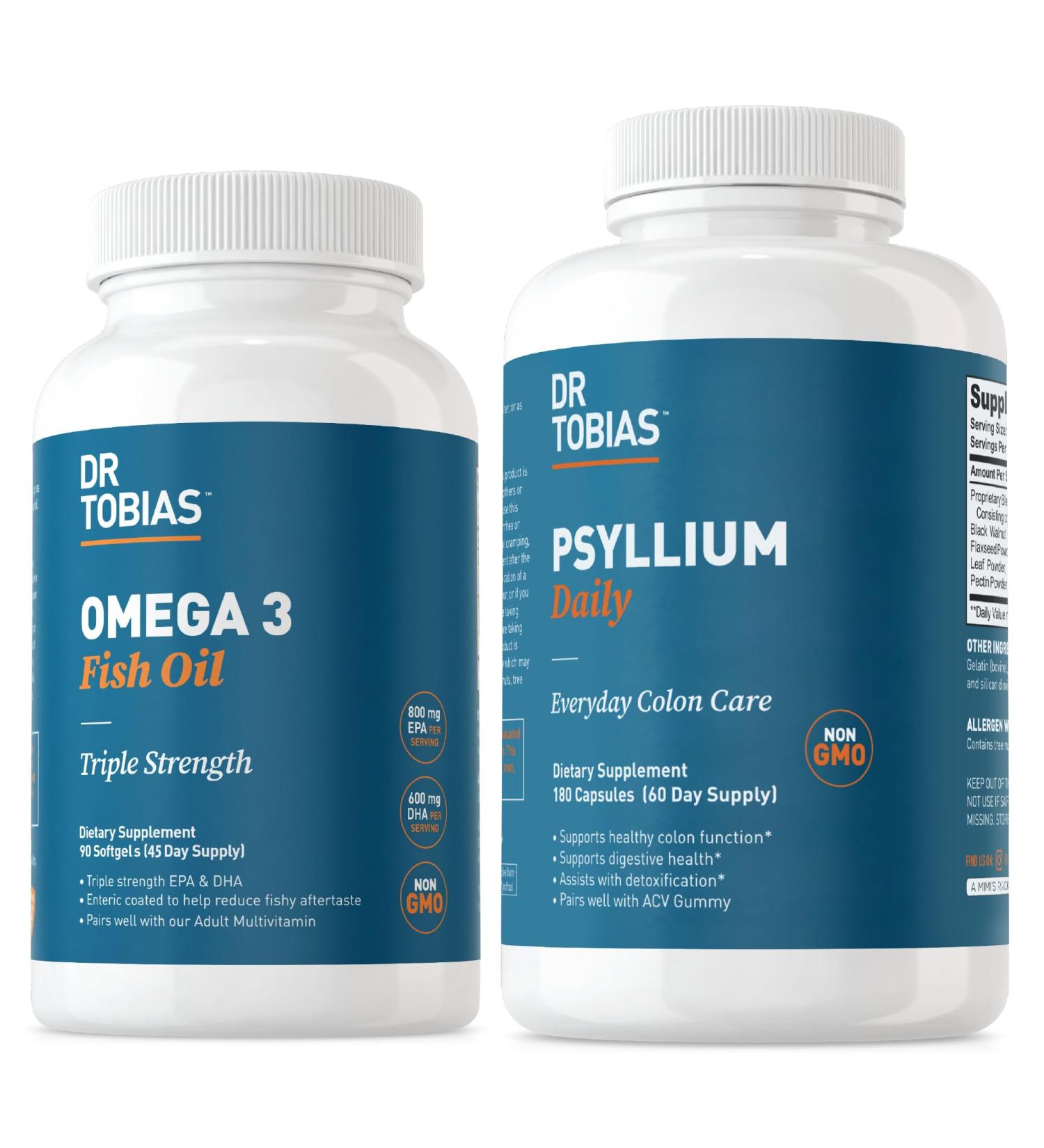 Dr. Tobias Omega 3 Fish Oil & Psyllium Daily Supplements for Heart Brain & Immune Support Healthy Bowel Movement Supports with Psyllium Husk Capsules - Buy Online on GoSupps.com