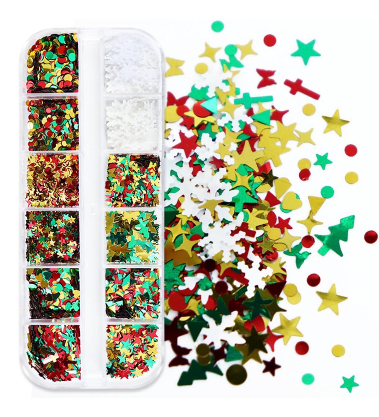 Gzmayuen 12 Grids Christmas Nail Art Glitter - Holographic Snowflake 3D Mixed Nail Flakes for Winter Designs - International Shipping - Buy Online on GoSupps.com
