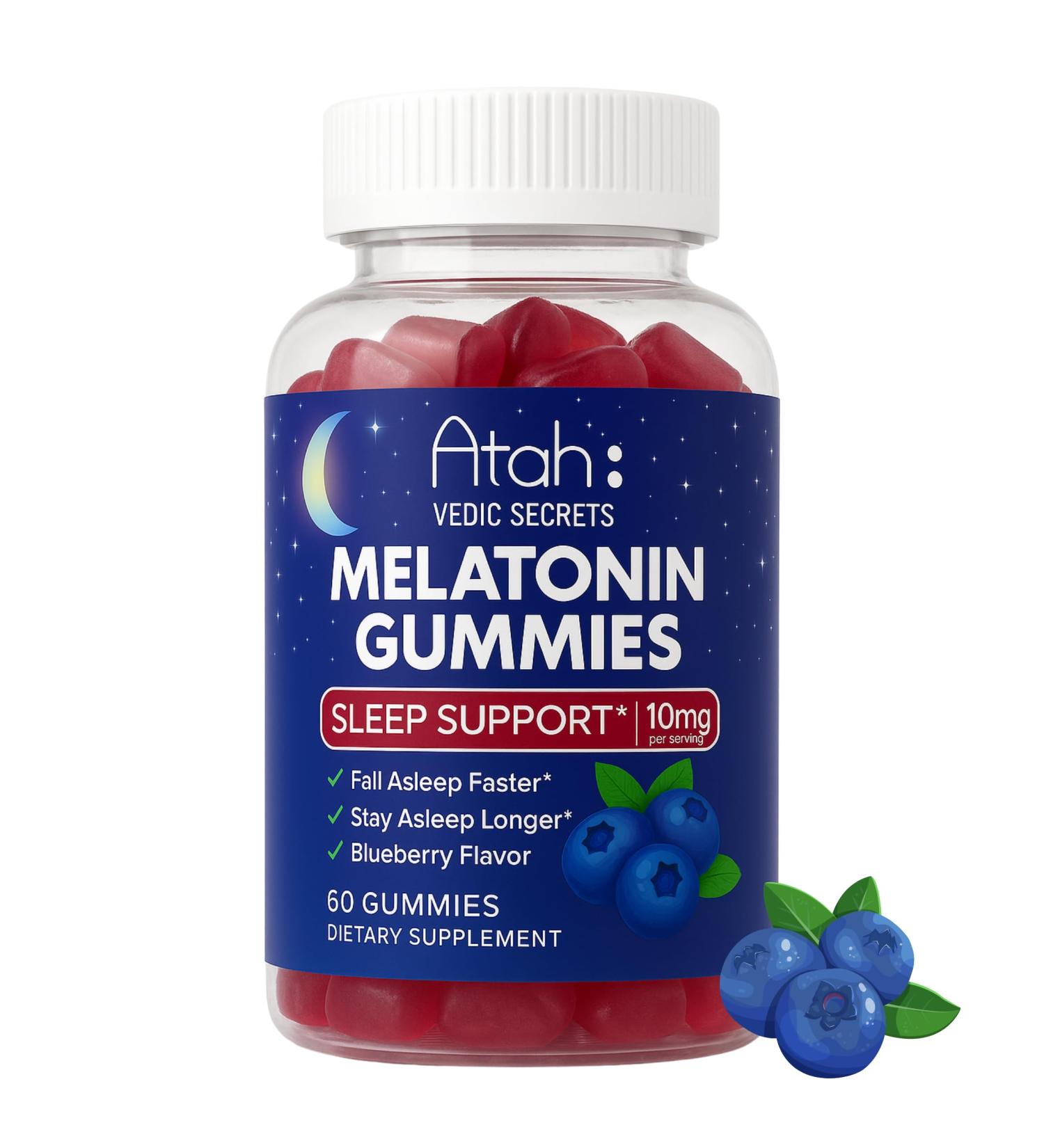 Atah Melatonin Gummies 10mg for Adults | Blueberry Flavor Sleep Support Gummies Melatonin Supplements Non-GMO Gluten Free Non-Habit Forming 60 Gummies - Buy Online on GoSupps.com