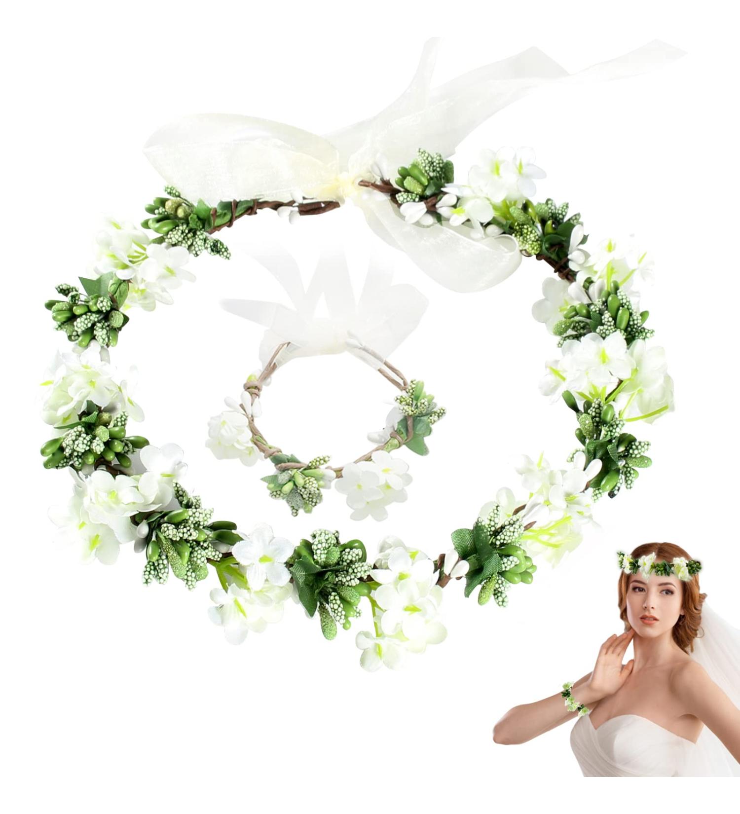 White Flower Wreath & Bracelet Set - Adjustable Hair Garland for Weddings Bridesmaids & Children - Buy Online on GoSupps.com