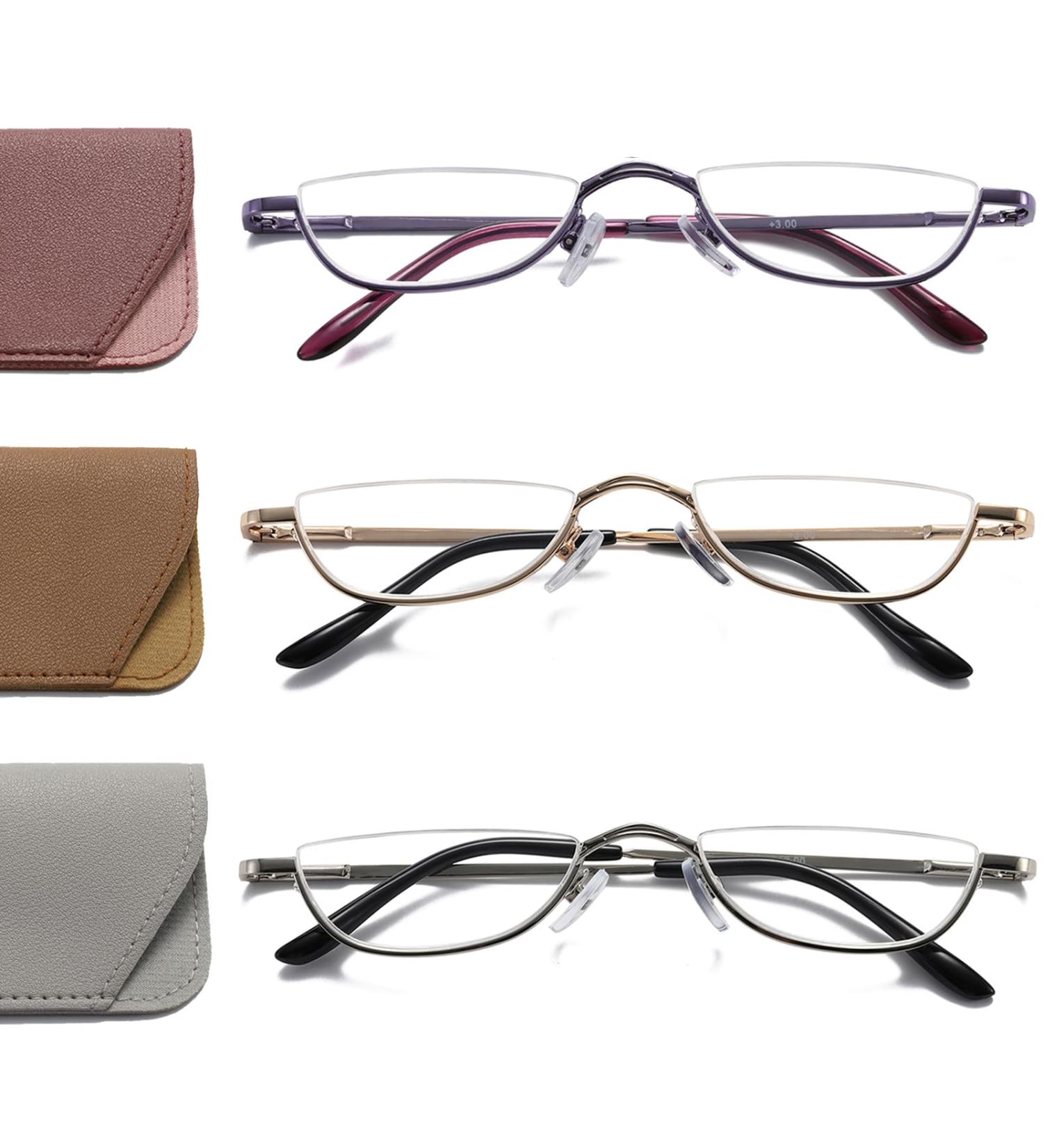 Hubeye 3 Pairs Half Moon Reading Glasses - Slim Metal Frame - 2.0 Dioptres - Purple/Gold/Silver - Buy Online on GoSupps.com