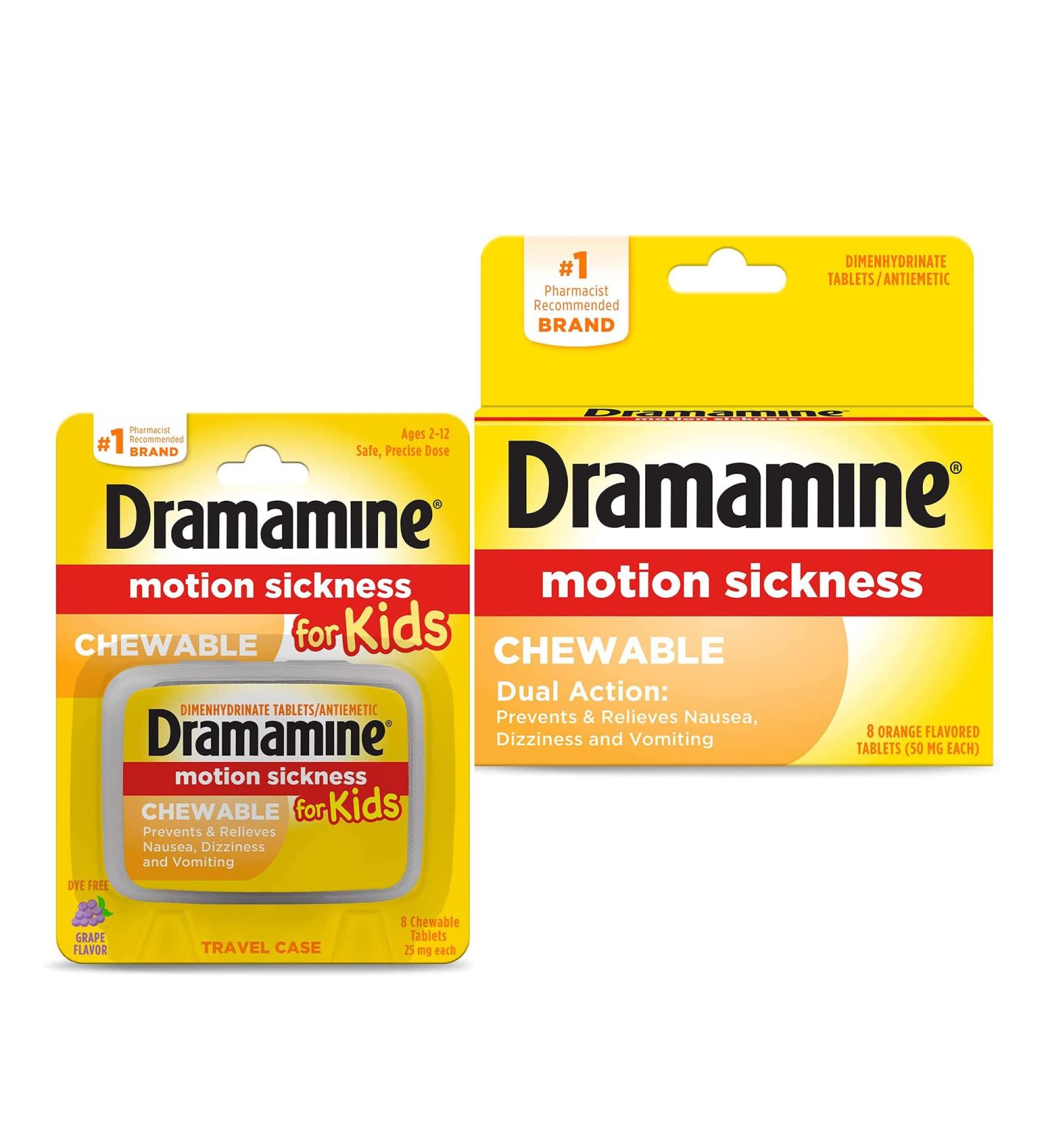 Dramamine Motion Sickness Relief for Kids & Chewable Tablets - Grape & Orange Flavor - 8 Tablets - Buy Online on GoSupps.com