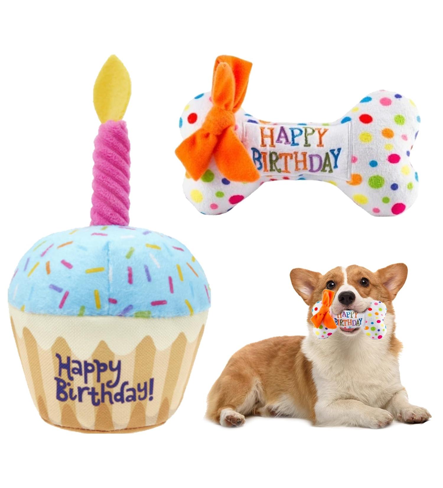 Nizirioo Plush Dog Toys - Birthday Cake & Bone Toys for Puppies | Soft & Safe Dog Birthday Gifts - Buy Online on GoSupps.com