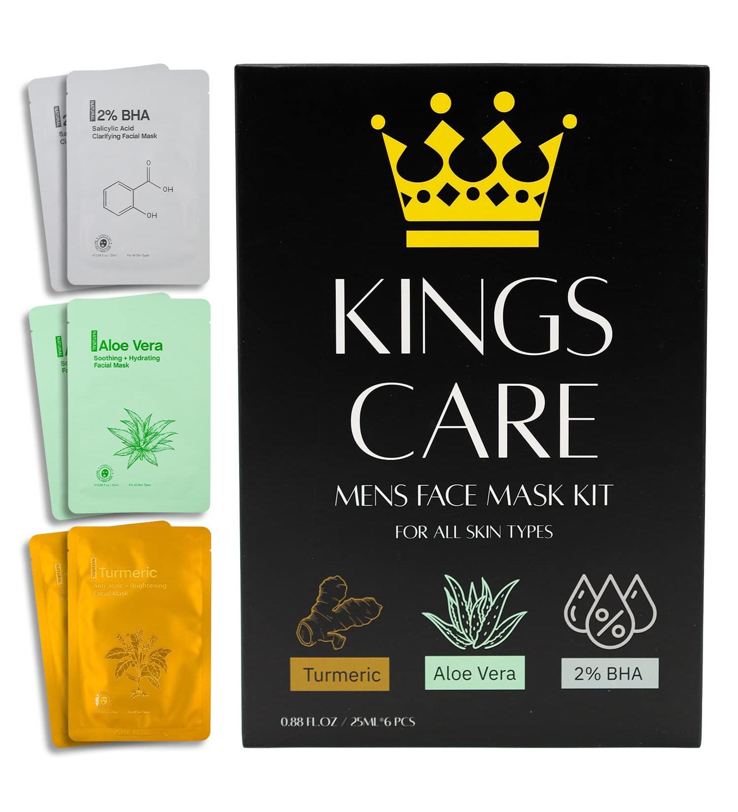 Kings Care Men's Face Mask Skin Care Kit (6 Pack) - Turmeric Anti-Acne & Aloe Vera Soothing, 2% BHA Salicylic Acid Sheet Mask - Hydrating, Brightening, Pore Refining - Buy Online on GoSupps.com