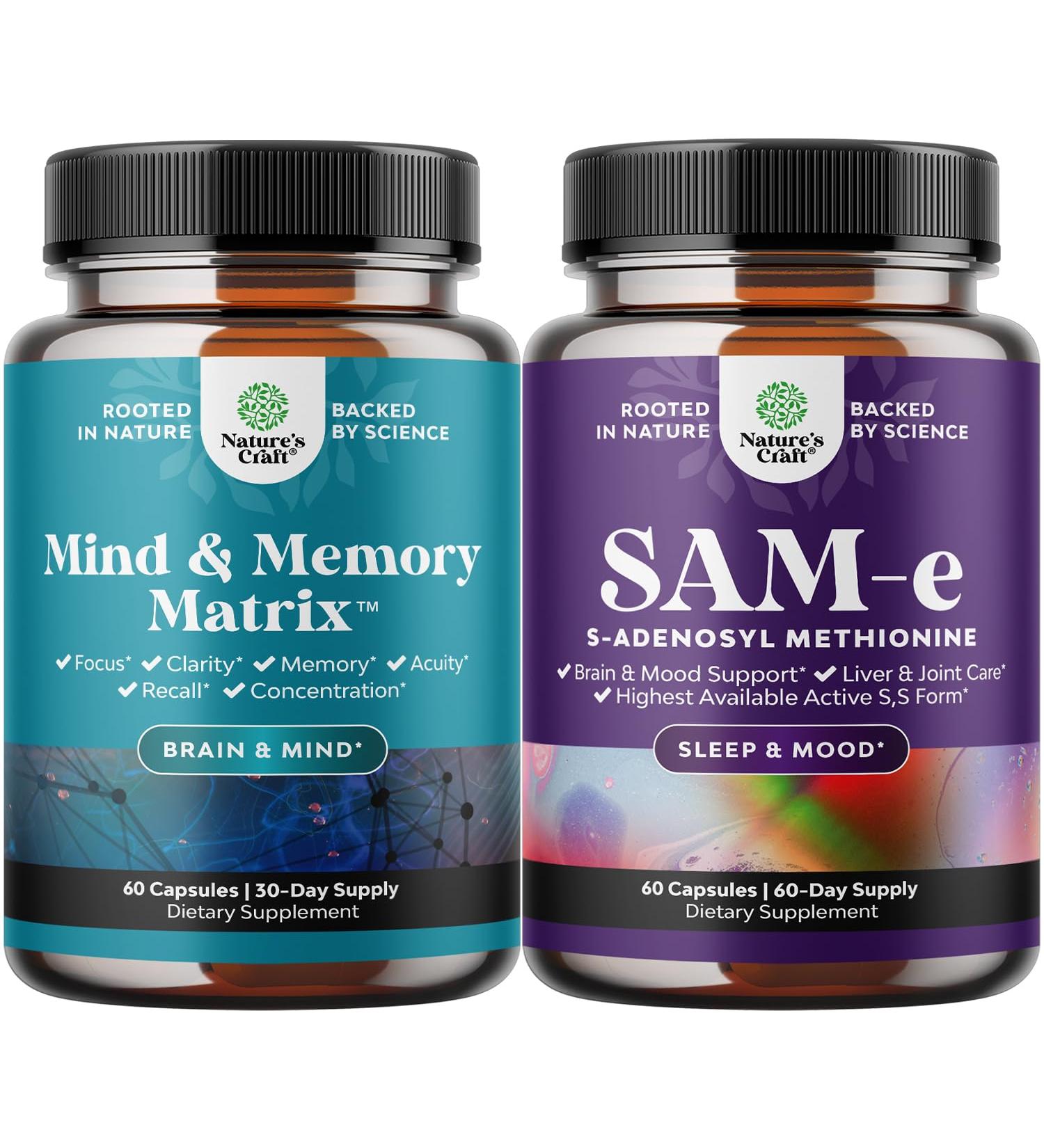 Bundle of Matrix Nootropic Brain Supplement for Memory and Focus Enhancement - Vitamins for Mental Health & Clarity and Sam-E 200mg Mood Support Supplement - S-Adenosyl Methionine for Relaxing Mood - Buy Online on GoSupps.com