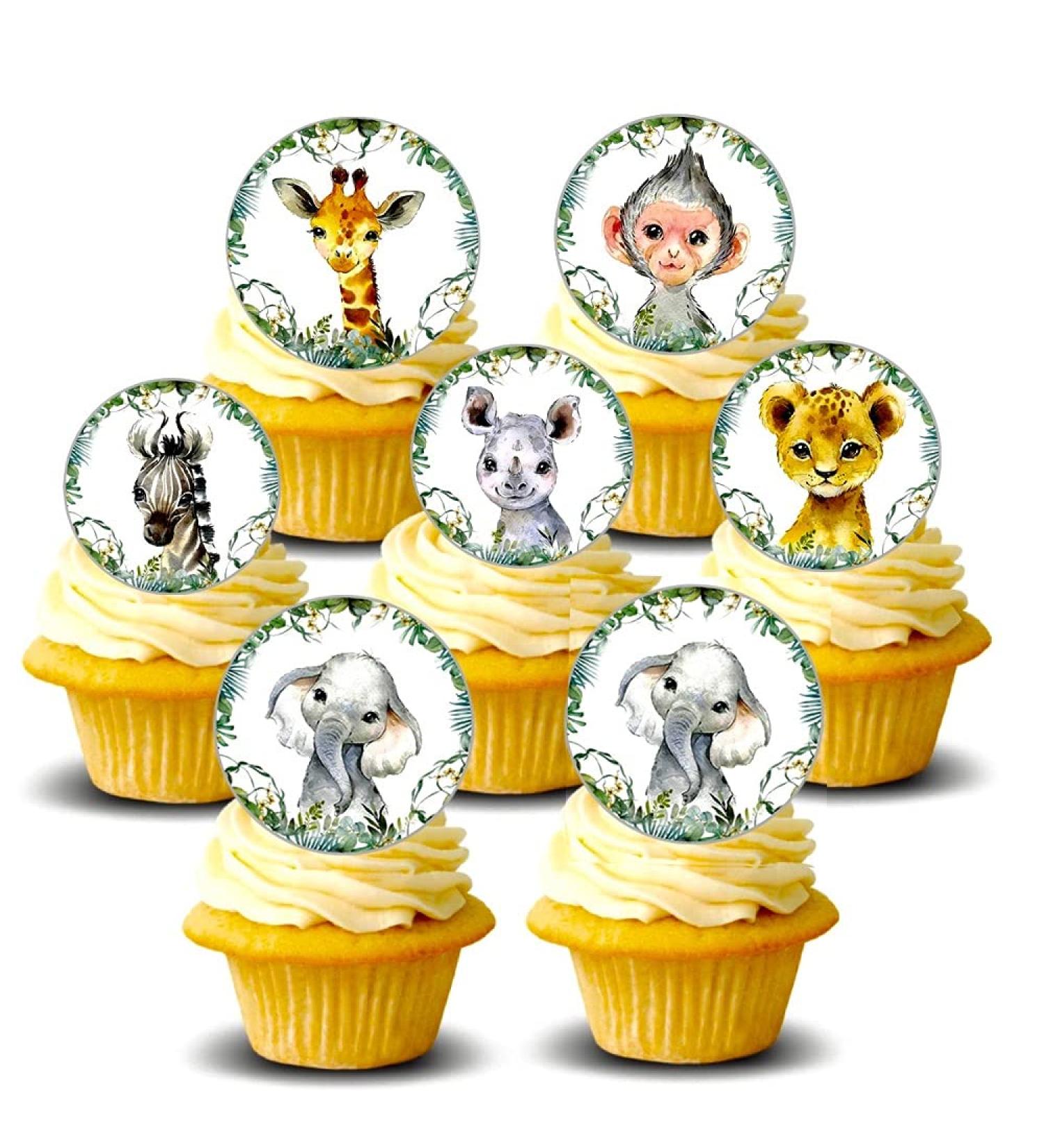 24x Pre-cut 4cm Baby Shower Safari Animals Circles Thick Wafer Card Standing Cupcake Toppers Birthday Party Cake Decorations