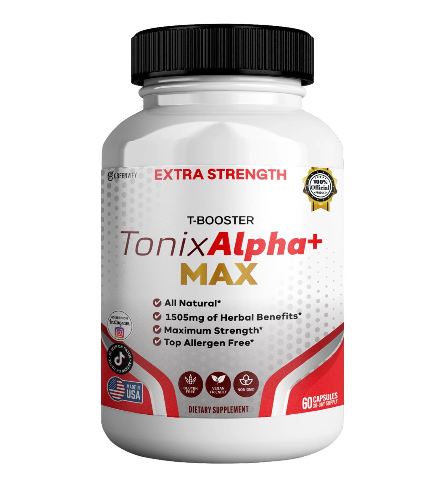 Tonix Alpha+ Max T-Booster Supplement 1505mg Herbal Complex 60 Capsules 30 Day Supply All Natural Vegan Friendly (1) - Buy Online on GoSupps.com
