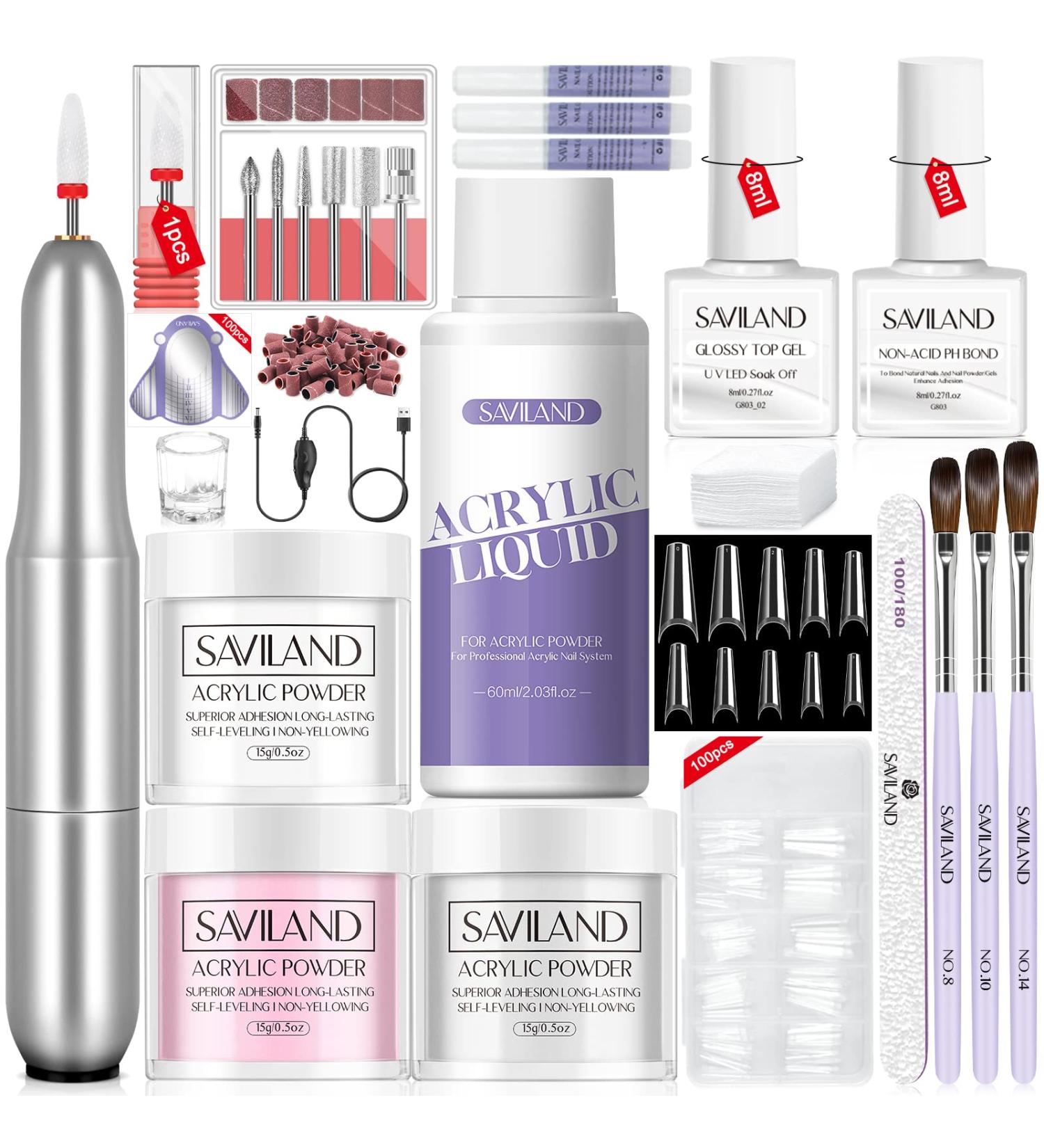 Saviland Acrylic Nail Kit with Drill - Professional DIY Acrylic Powder Nails Set for Beginners - Includes Nail Tips, 3 Colors, Liquid, for Extension & Carving - Buy Online on GoSupps.com