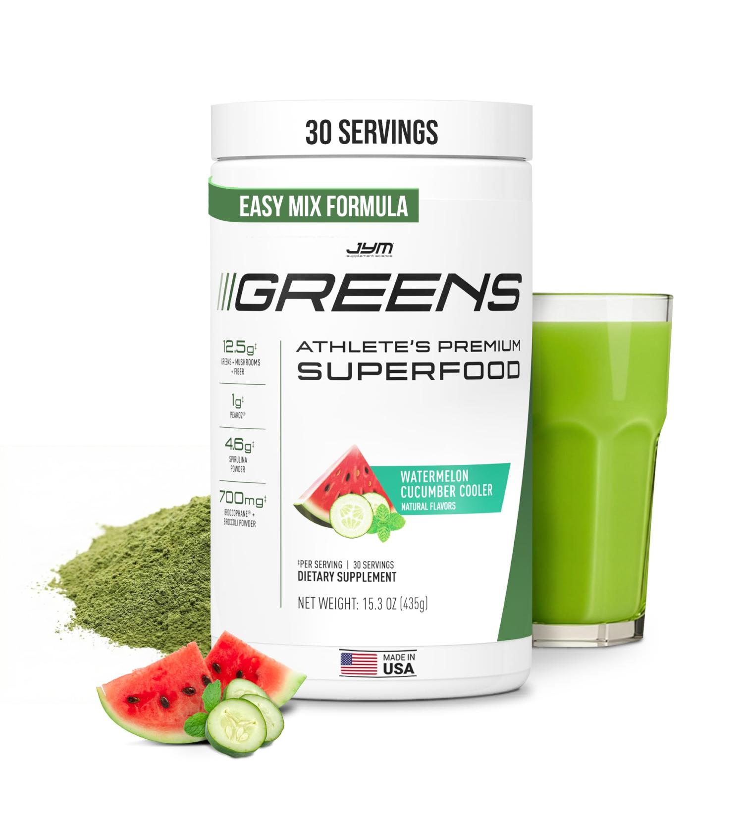 JYM Greens Super Food Powder for Performance, Watermelon Cucumber, Spirulina, Mushrooms, Vitamins, BroccoPhane & Broccoli, Men & Women, 30 Servings Watermelon Cucumber Cooler - Buy Online on GoSupps.com