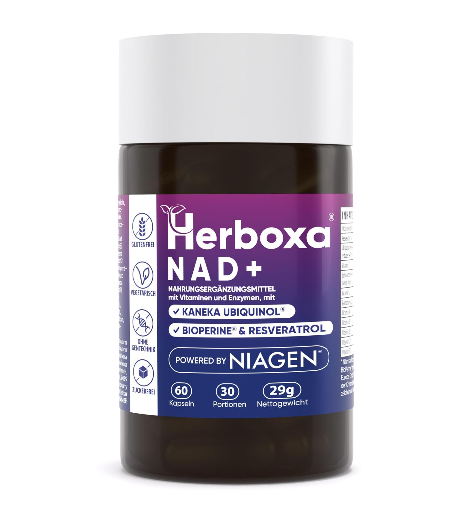 Herboxa NAD+ | Nicotinamide Riboside | Niaigen Patented Formula with Kaneka CoQ10 Vitamin E & B12 for Fatigue Relief - 60 Capsules - Buy Online on GoSupps.com