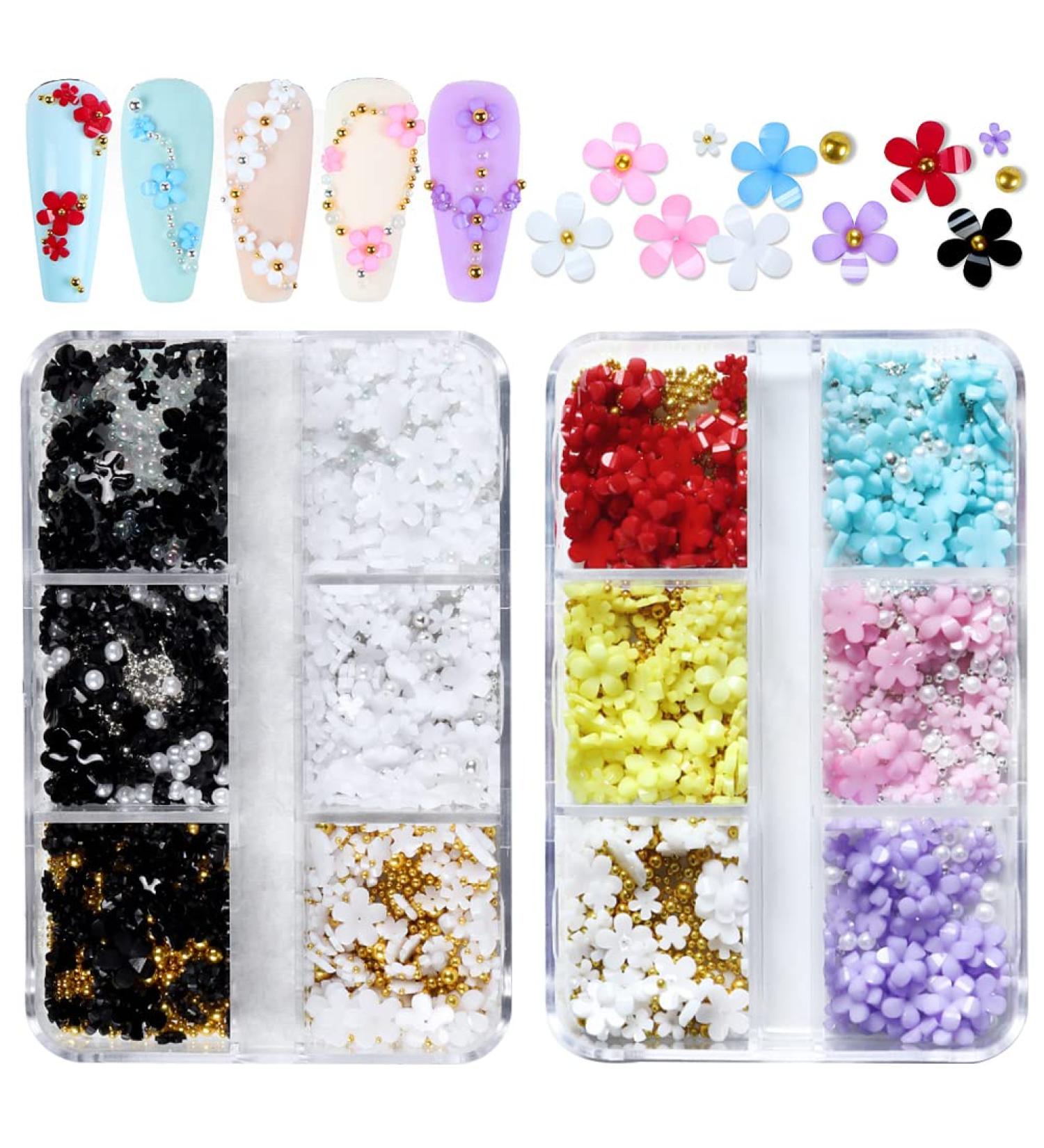 3D Flower Nail Charms Set - TEOYALL Acrylic Flowers with Gold and Silver Caviar Beads for Manicure DIY Decorations - Buy Online on GoSupps.com