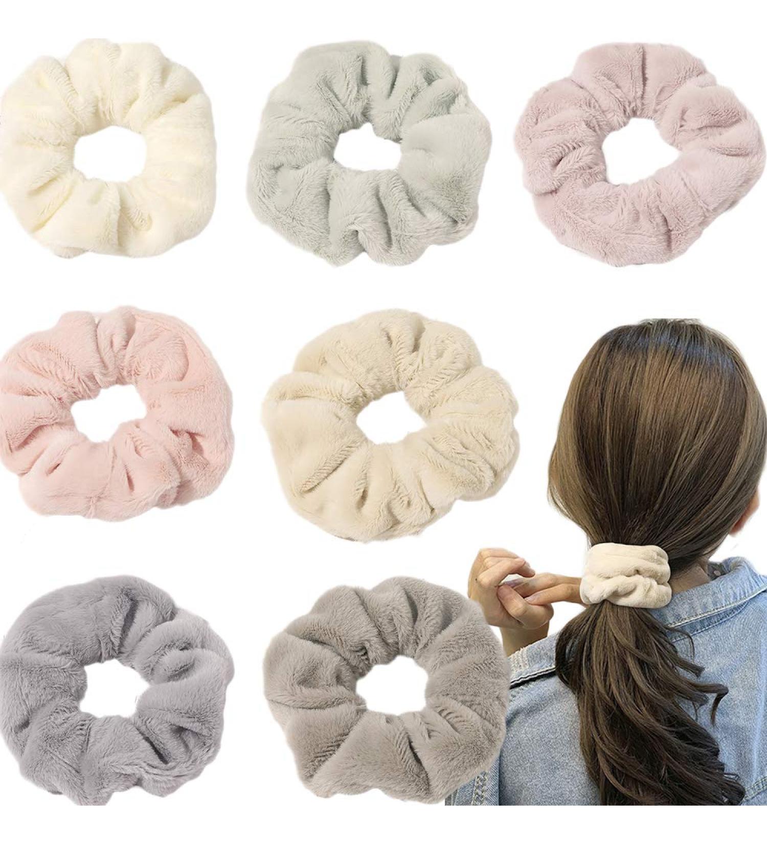 7 Pack Big Fuzzy Hair Drying Scrunchies - Frizz Free Traceless Faux Fur Bobbles Hair Ties - Buy Online on GoSupps.com