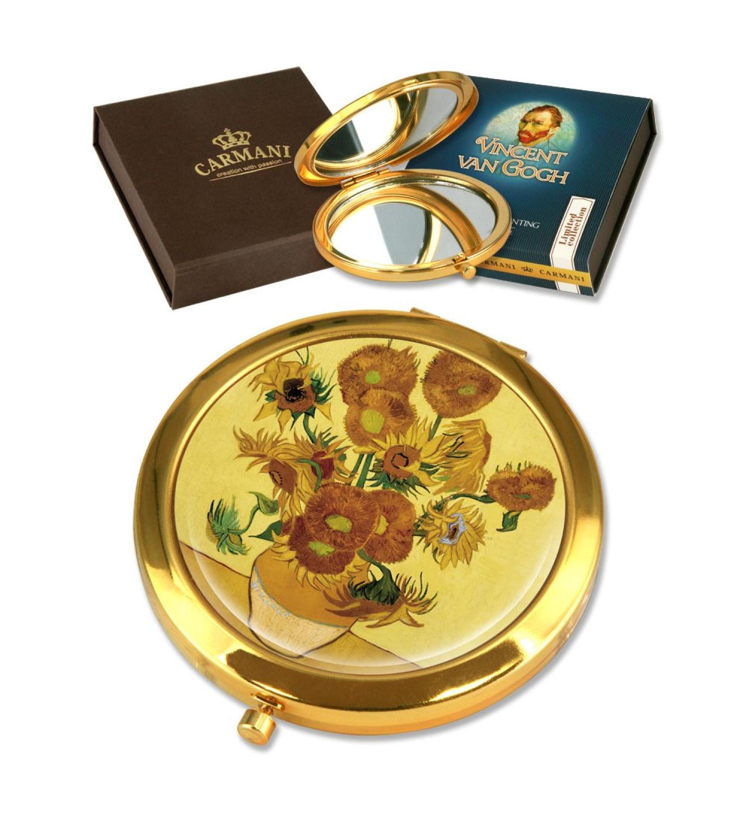 CARMANI Gold Plated Bronze pocket compact travel Mirror decorated with Van Gogh 'Sunflowers' painting
