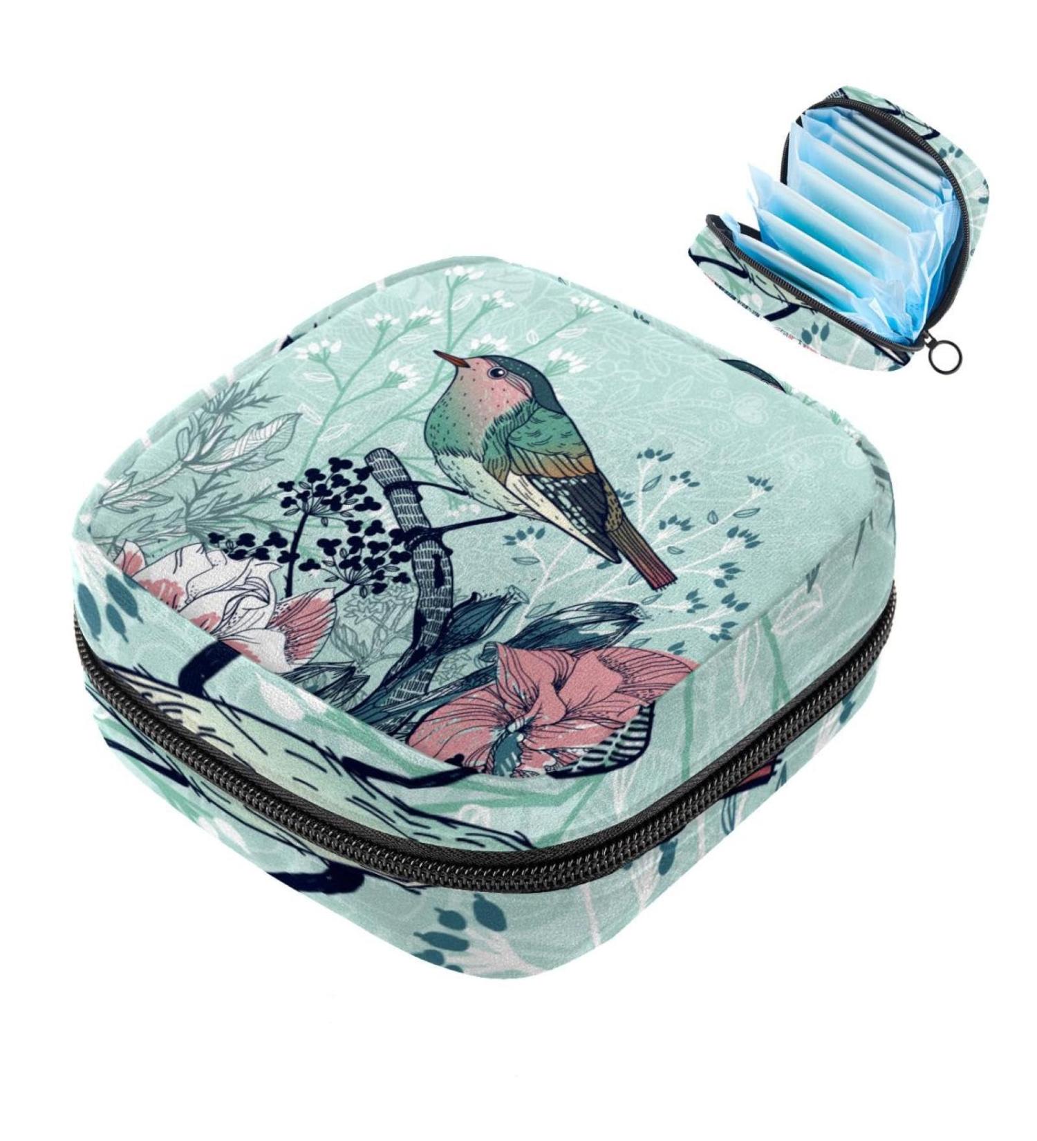 Portable Women's Menstrual Cup Pocket Bag | Teenage Girls Tampon Insert Bag - Blue Watercolor Bird & Flowers Design - Buy Online on GoSupps.com