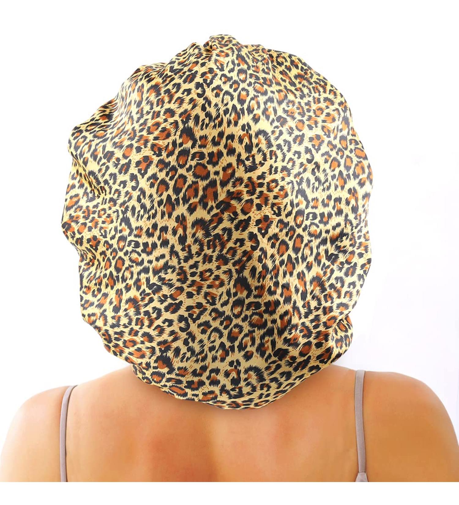 greatremy Satin Braid Bonnet Double Layer Sleep Cap Scruchie  Silky Night Hat Large Bonnet for Women Curly  Long Natural Hair Dreadlocks  Braids  Locs Sleeping (Leopard Grain)