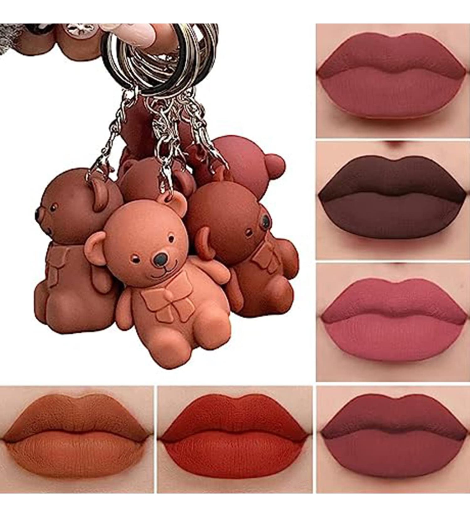 6 Color Cute Bear Matte Lip Mud Keychain Lipstick Set - Waterproof & Long Lasting Lip Glaze Cosmetics for Women - Buy Online on GoSupps.com