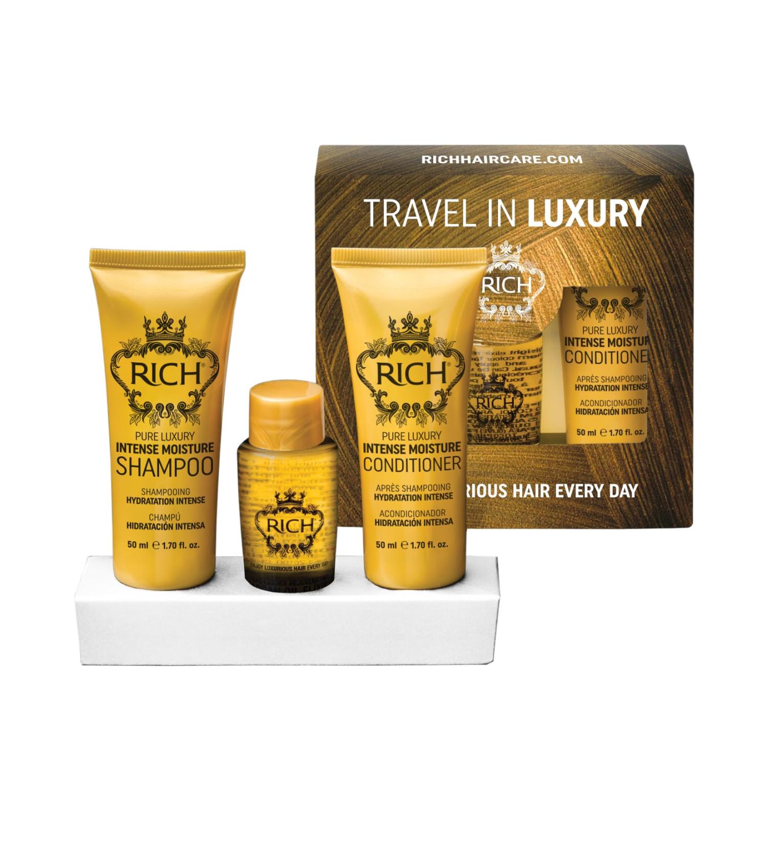 RICH Travel in Luxury Gift Set - Intense Moisture Shampoo Conditioner & Argan Oil Elixir for Ultimate Hair Hydration | International Shipping - Buy Online on GoSupps.com