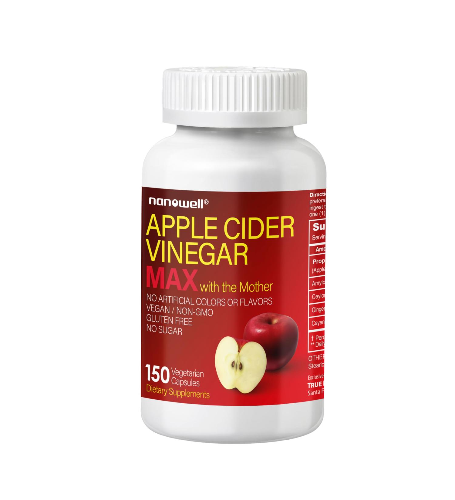 NANOWELL Apple Cider Vinegar Max with The Mother - Detox & Wellness Supplement with 1 800 mg Proprietary Blend with Ceylon Cinnamon Ginger & Cayenne - 150 Capsules 50 Day Supply 150 Count (Pack of 1) - Buy Online on GoSupps.com