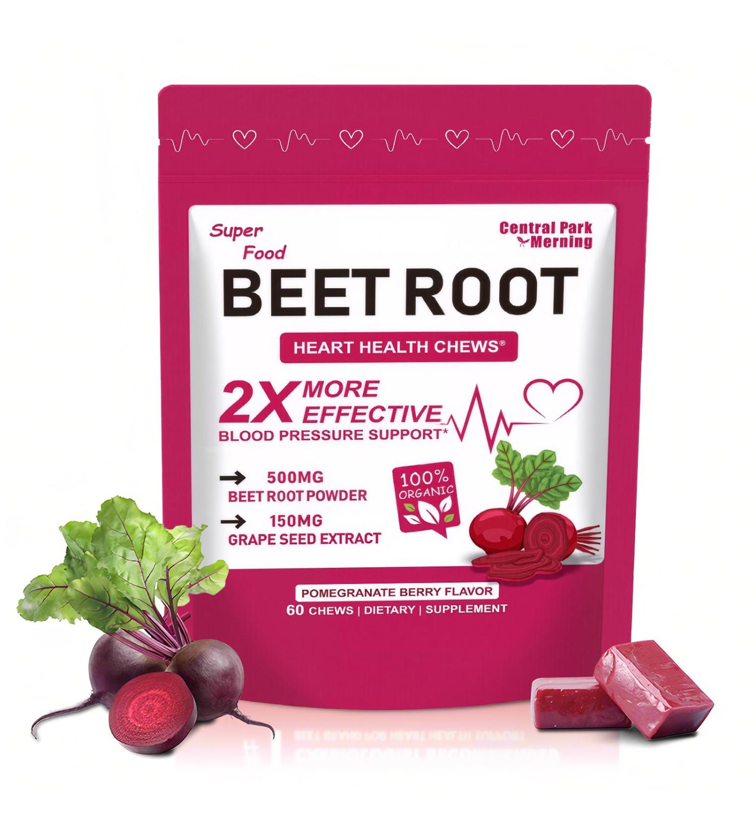 Central Park Morning Beet Root Chews 2-in-1 Beet Root Powder & Grape Seed Extract Nitric Oxide Support for Heart Health Energy & Blood Pressure Non-GMO 60 Chews for Men & Women - Buy Online on GoSupps.com