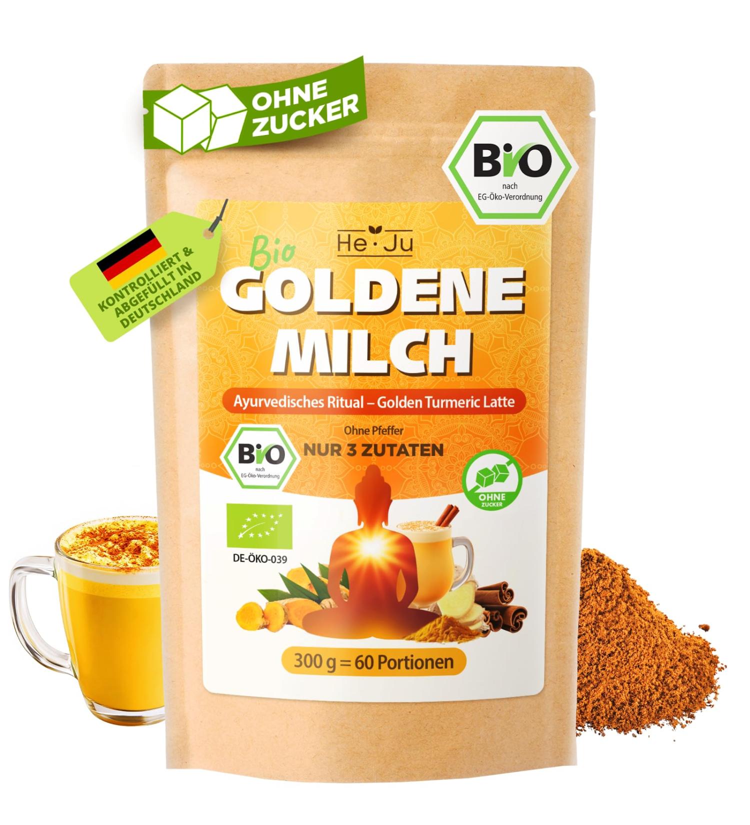  He-Ju He-Ju Organic Golden Milk Pure 300g (60 servings) only 3 ingredients: turmeric ginger and Ceylon cinnamon no pepper or sugar no additives Ayurvedic and mild. - Buy Online on GoSupps.com