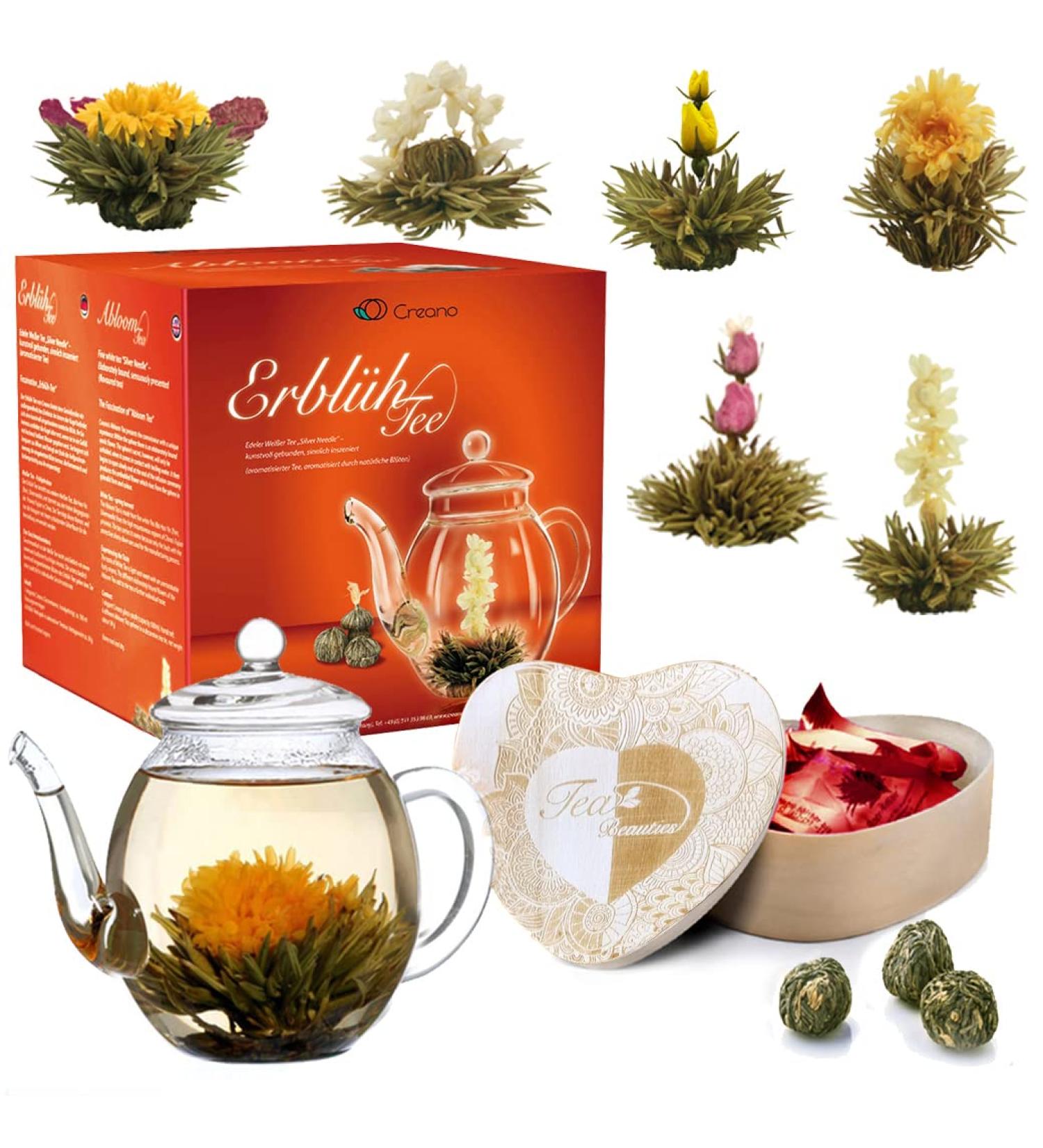 Creano Heart-Shaped Gift Set: 6 Types of White Tea + 500ml Glass Teapot Perfect Gift for Women & Tea Lovers - Buy Online on GoSupps.com