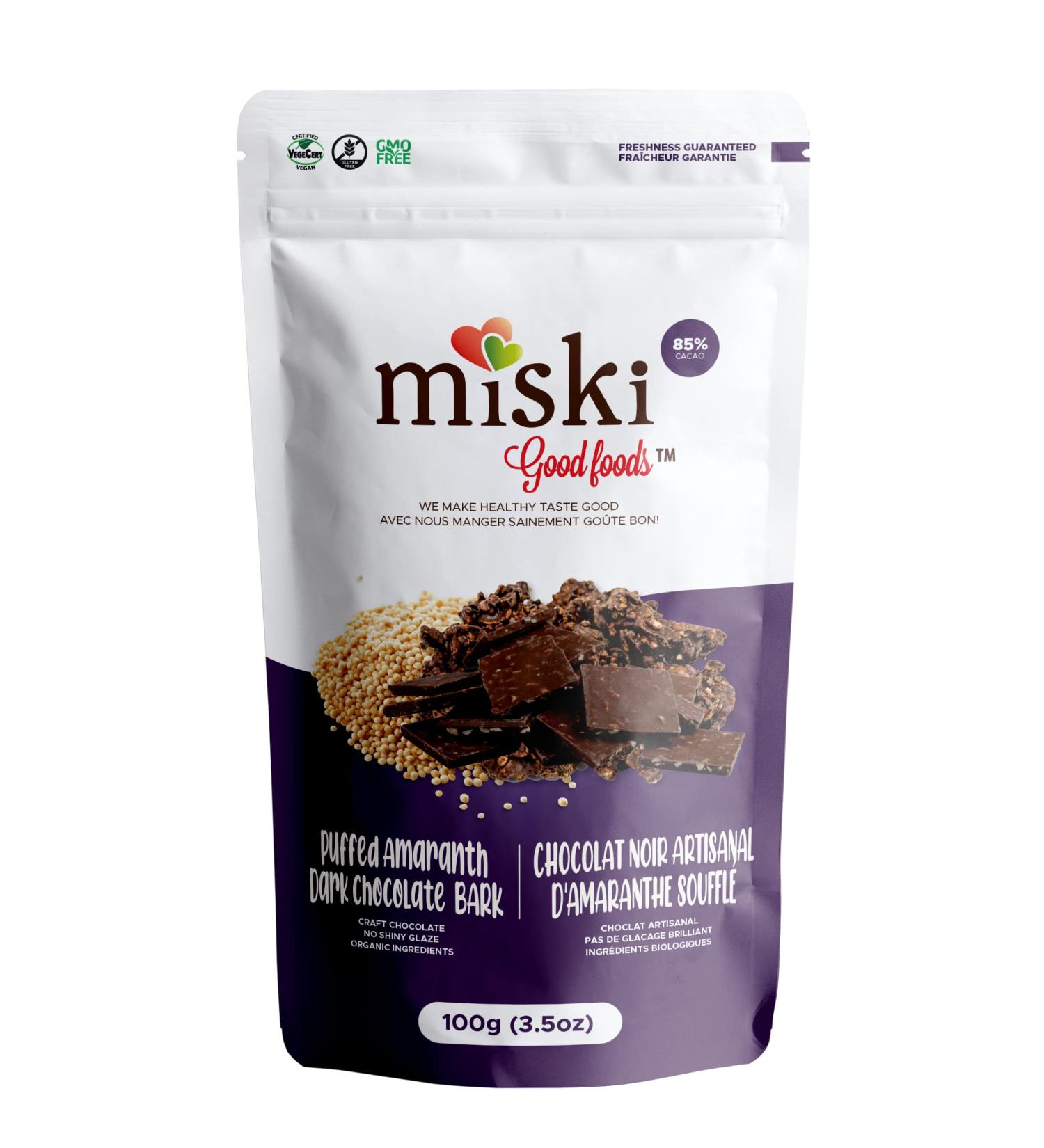 Miski Good Foods Dark Chocolate Bark with Puffed Amaranth Handcrafted 85% Dark Chocolate 100% Organic Vegan Non-GMO 100g