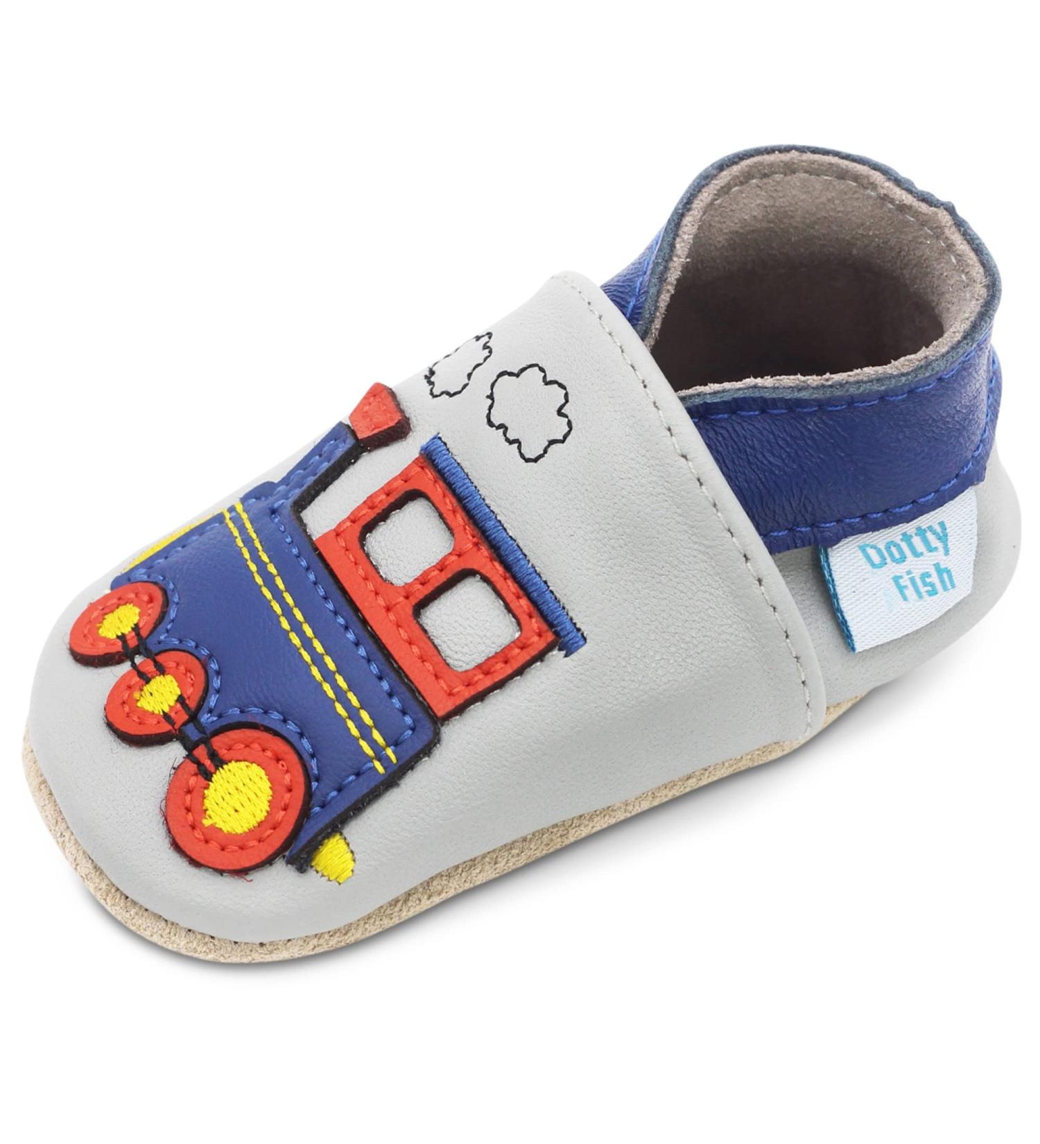 Dotty Fish Soft Leather Baby Shoes, Grey Train Design | Non-Slip Suede Soles | 0-6 Months to 4-5 Years | Toddler Boys' Footwear - Buy Online on GoSupps.com