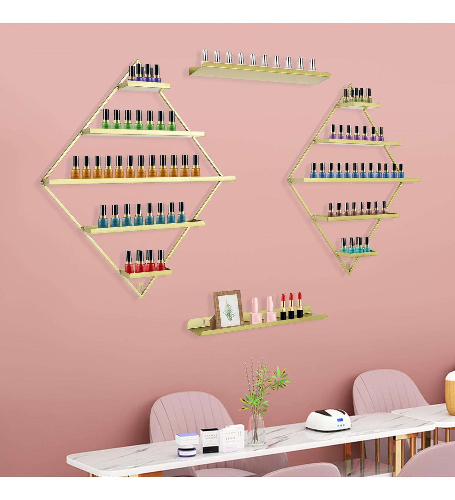 Shiyinge Rhombus 5-Tier Wall-Mounted Nail Polish Display Stand - Iron Wall Shelf - Display Stand for Placing Cosmetic Bottles Perfume Lipstick Photo Frames etc. (Gold) - Buy Online on GoSupps.com