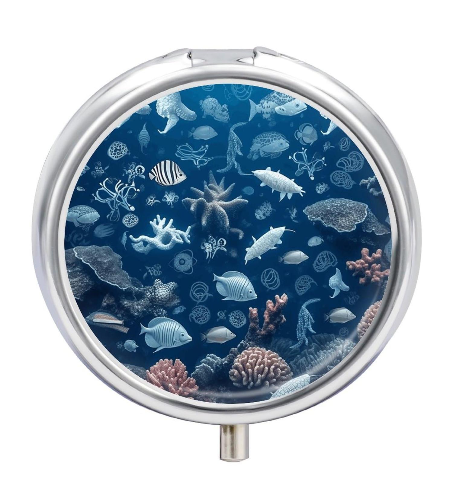 Travel Pill Box with Marine Life Print - 3 Compartment Portable Pill Organizer for Purse & Pocket - Buy Online on GoSupps.com