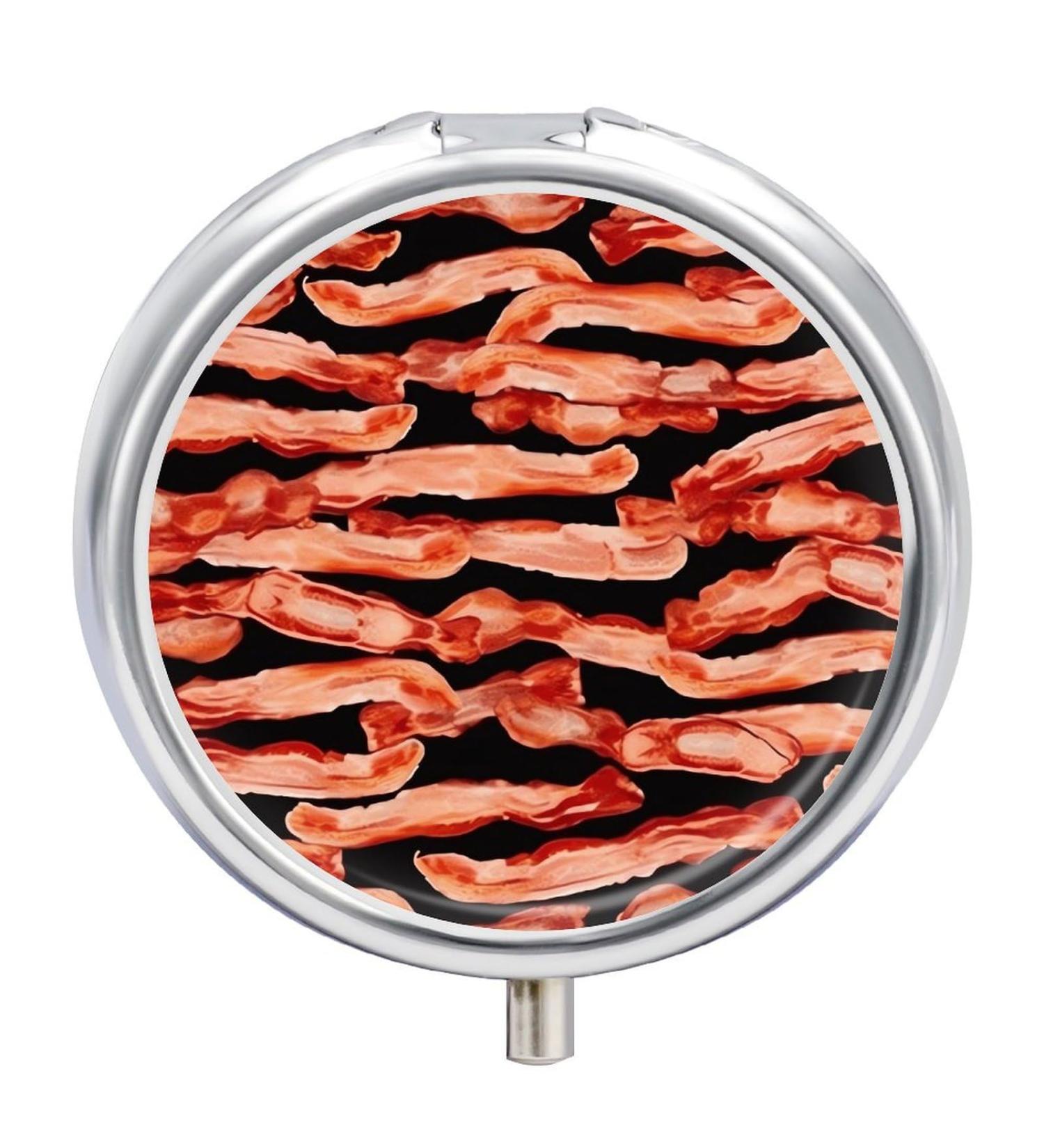 Round Pill Box - Bacon Pattern Print 3 Compartment Portable Medicine Organizer Decorative Metal Pocket Pill Case - Buy Online on GoSupps.com