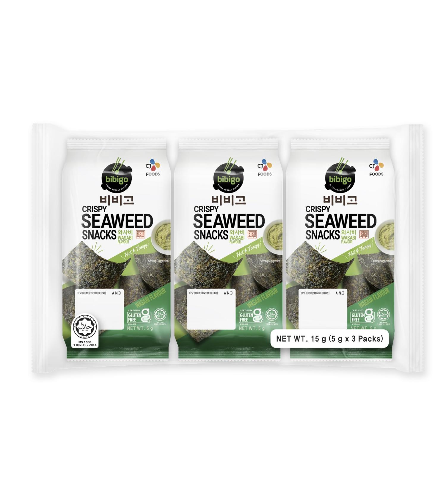 Bibigo Seaweed Snack Wasabi - Roasted Seaweed Leaves | Ideal Snack & Side Dish | 3 x 5g Pack - Buy Online on GoSupps.com
