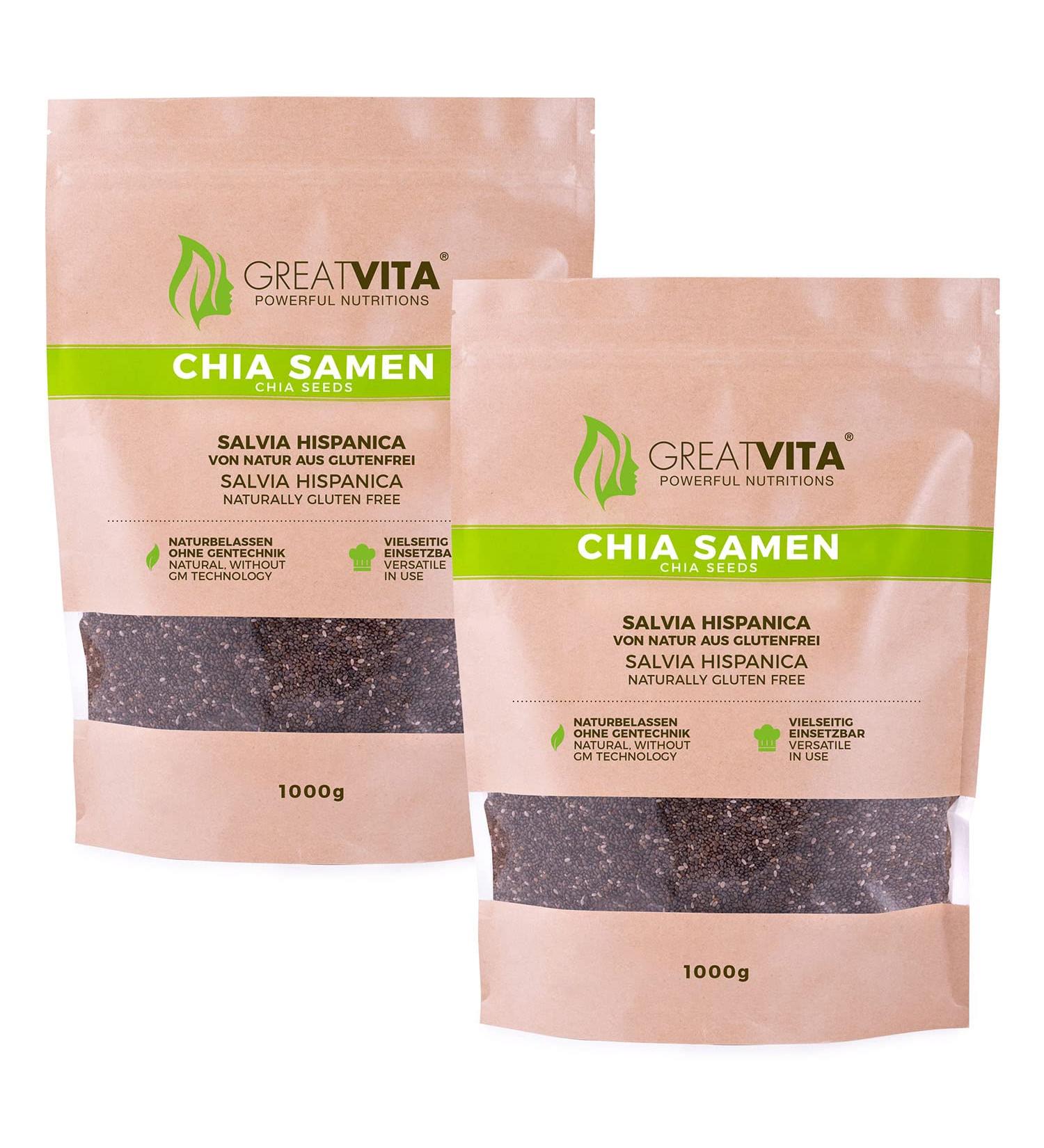 GreatVita Premium Chia Seeds (2 x 1000g) - Non-GMO Natural Superfood for International Shipping - Buy Online on GoSupps.com