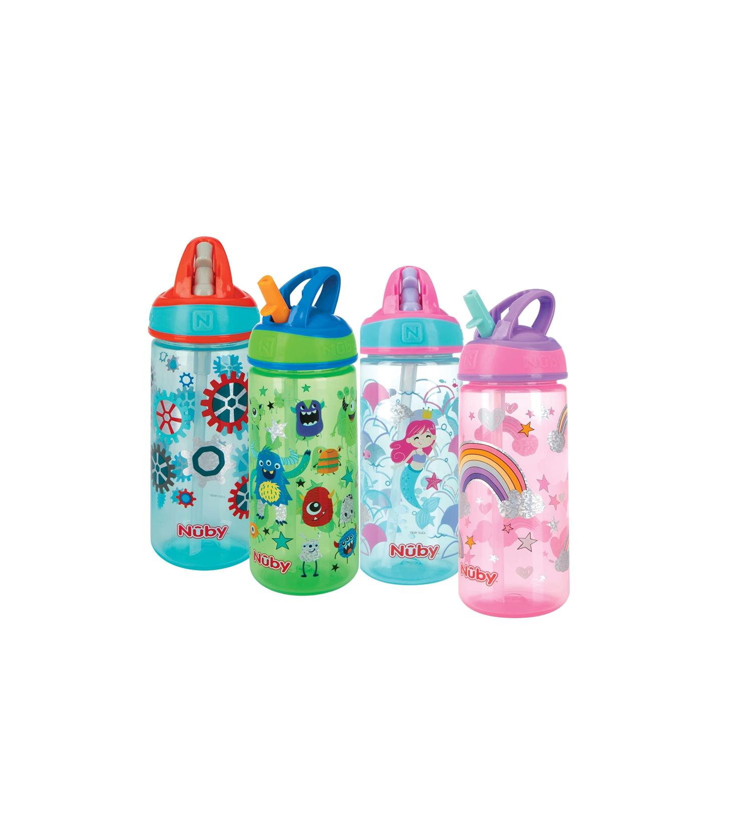 Nuby 2 Pack Iridescent Flip-it Kids On-The-Go Printed Water Bottle with Bite Proof Hard Straw - 18oz / 540 ml 18+ Months 2 pk Prints May Vary Colors May Vary - Buy Online on GoSupps.com