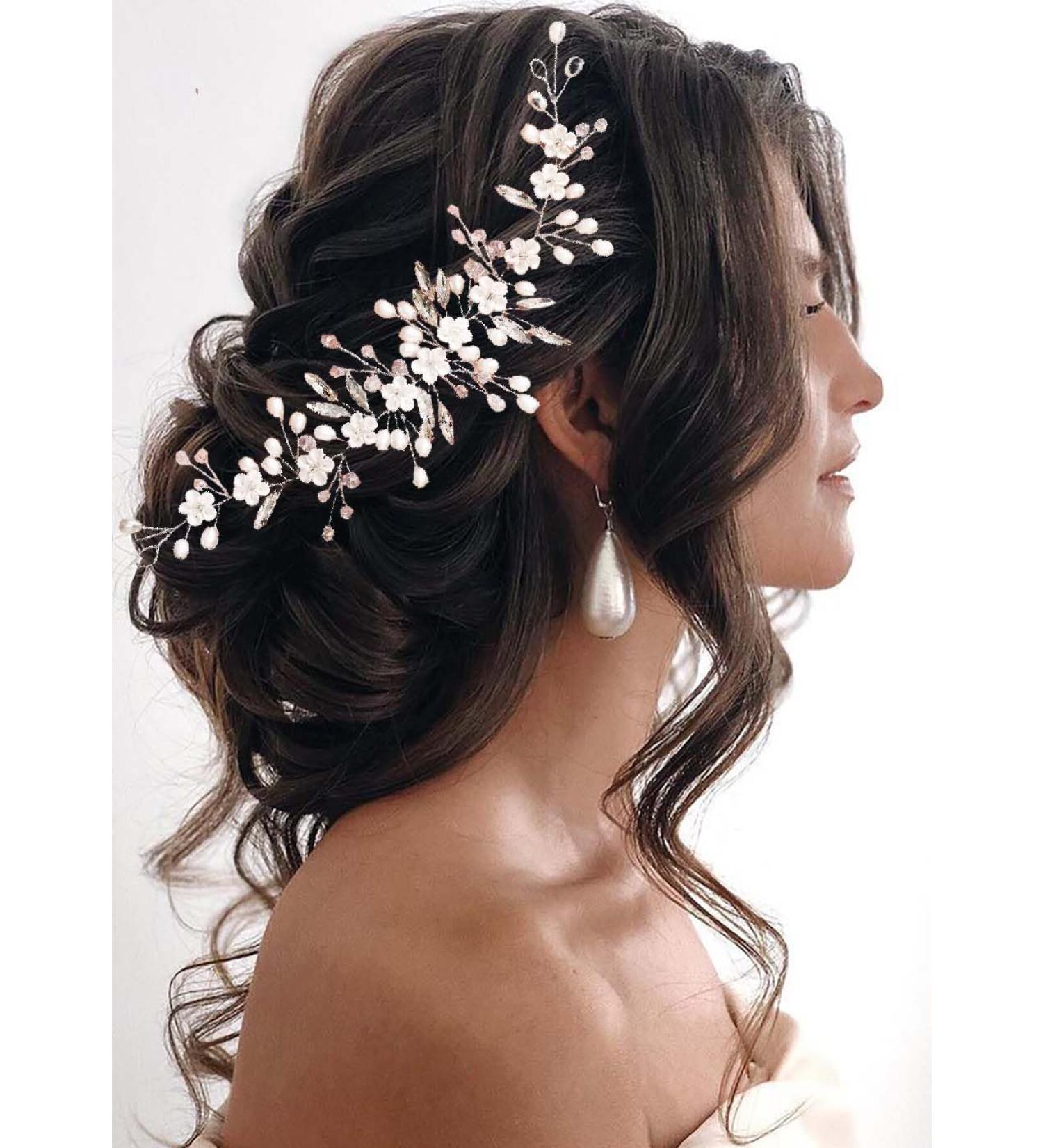 Unicra Flower Bride Wedding Hair Vine Silver Crystal Hair Accessories Pearl Bridal Headpiece for Women and Bridesmaid - Buy Online on GoSupps.com