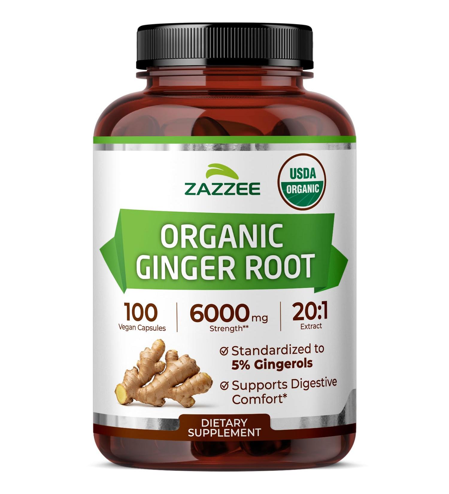 Zazzee USDA Organic Ginger Root 20:1 Extract 6000 mg Strength Standardized to 5% Gingerols 100 Vegan Capsules 20X Potency Digestive and Stomach Support Non-GMO All-Natural Made in The USA - Buy Online on GoSupps.com